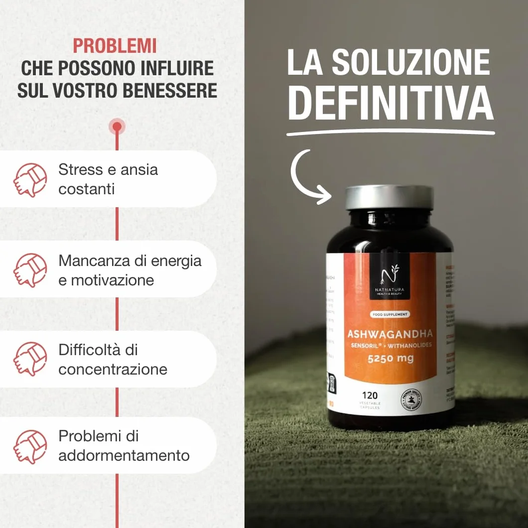 Ashwagandha Sensoril® 5:1 Estratto 10:1 5250 mg 120 capsule vegane Concentrazione superiore KSM-66