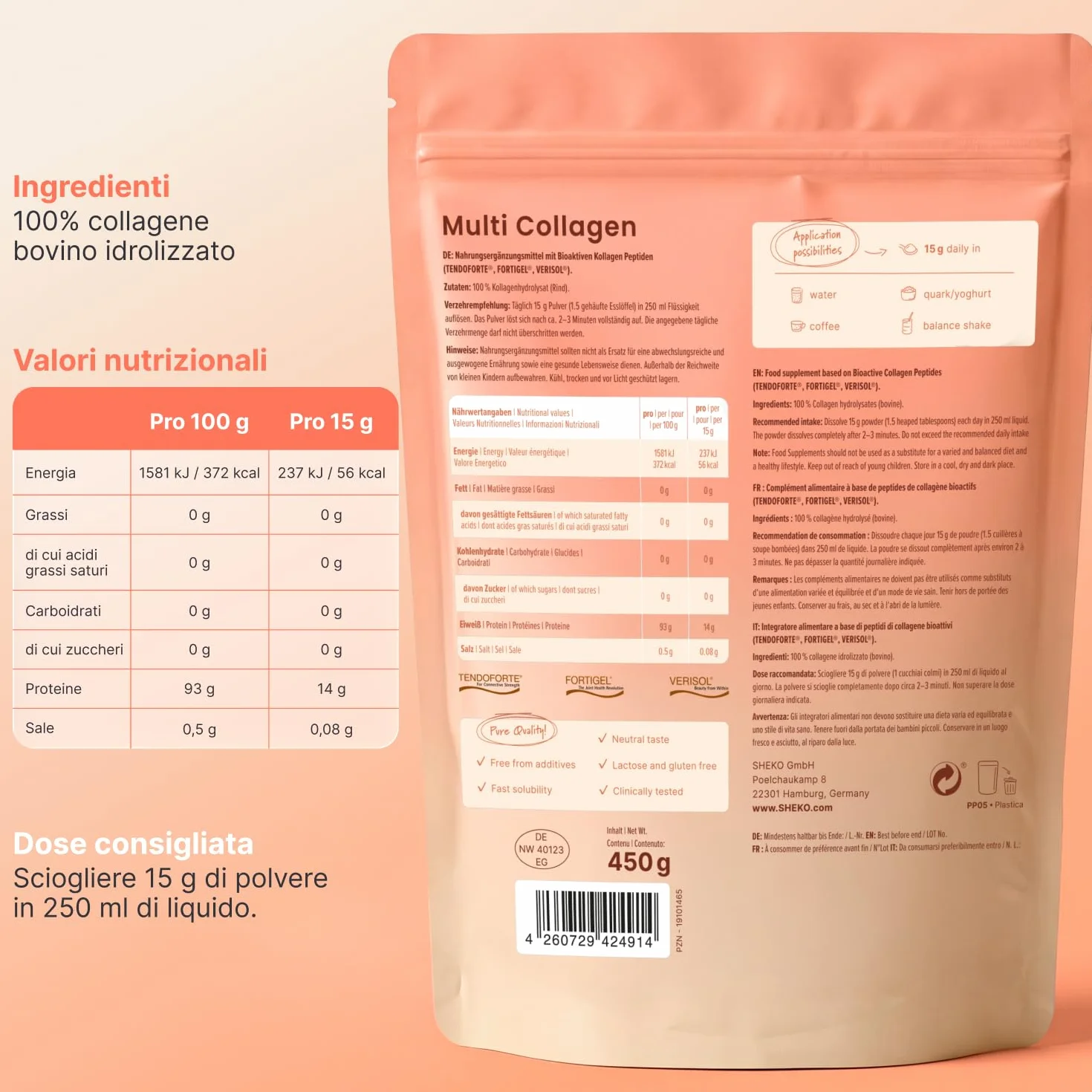 SHEKO Collagene Idrolizzato 450g - Natural Bioactive Collagen Powder - Peptidi di tipo 1, 2, 3
