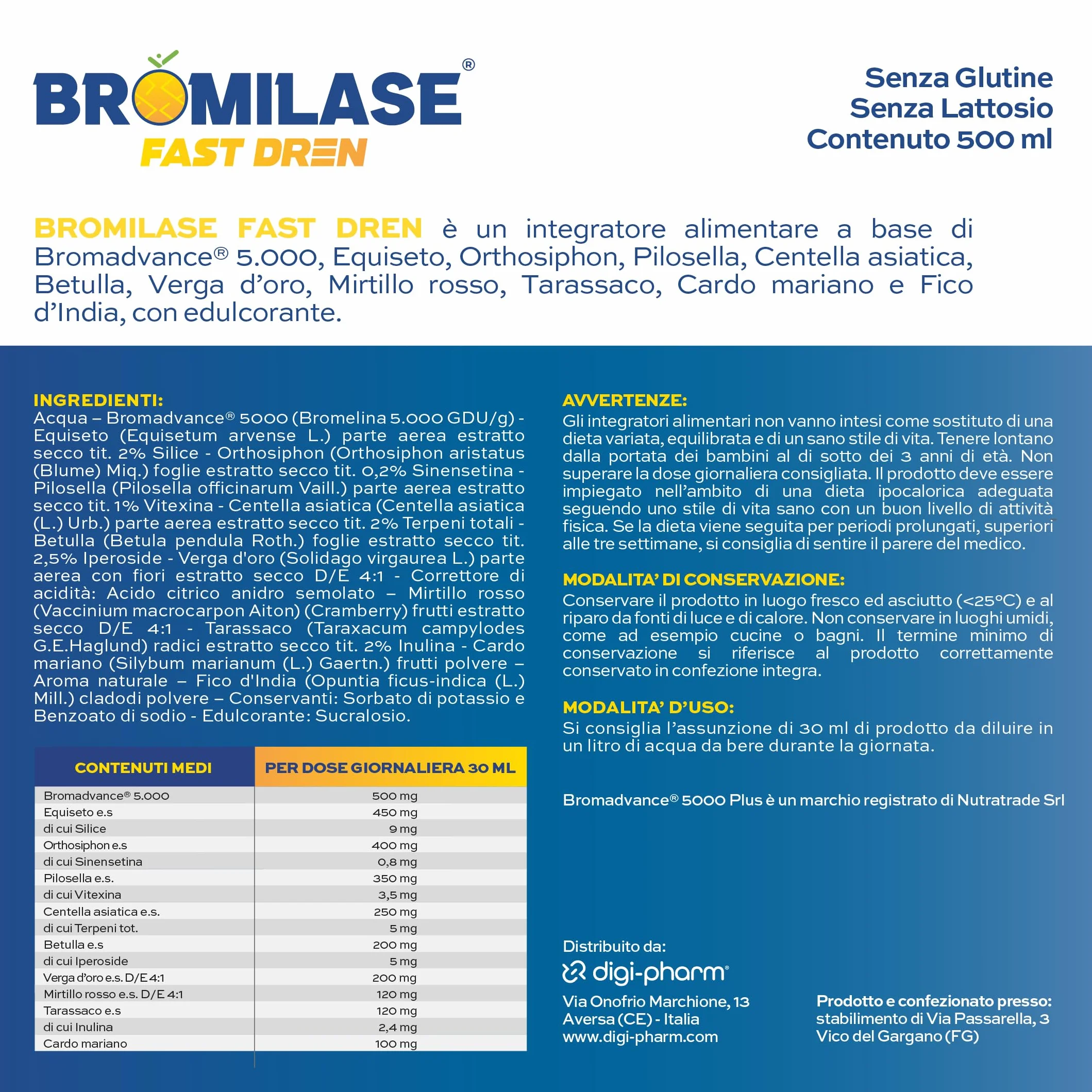 Bromadvance 5000 Fast Dren Integratore Bromelina Liquido 500 ml Drenante Detox Senza Glutine Lattosio Gusto Tropical