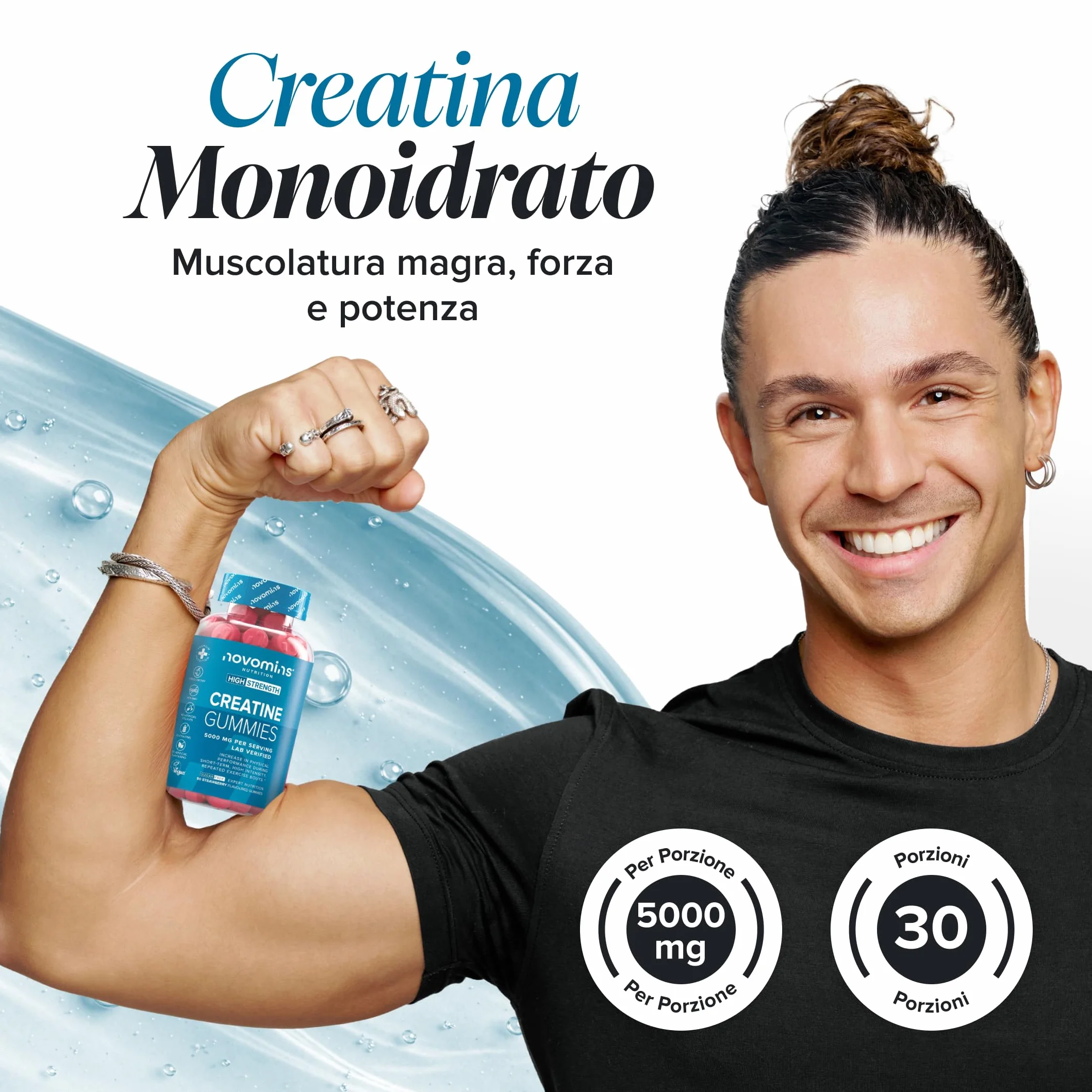 Creatina Monoidrata Gommose – 5000 mg per Porzione ad Alta Forza – Aumenta le Prestazioni Fisiche – Alternativa a Polvere, Compresse e Capsule – Vegana, Gusto Fragola – 90 Gommose – Novomins