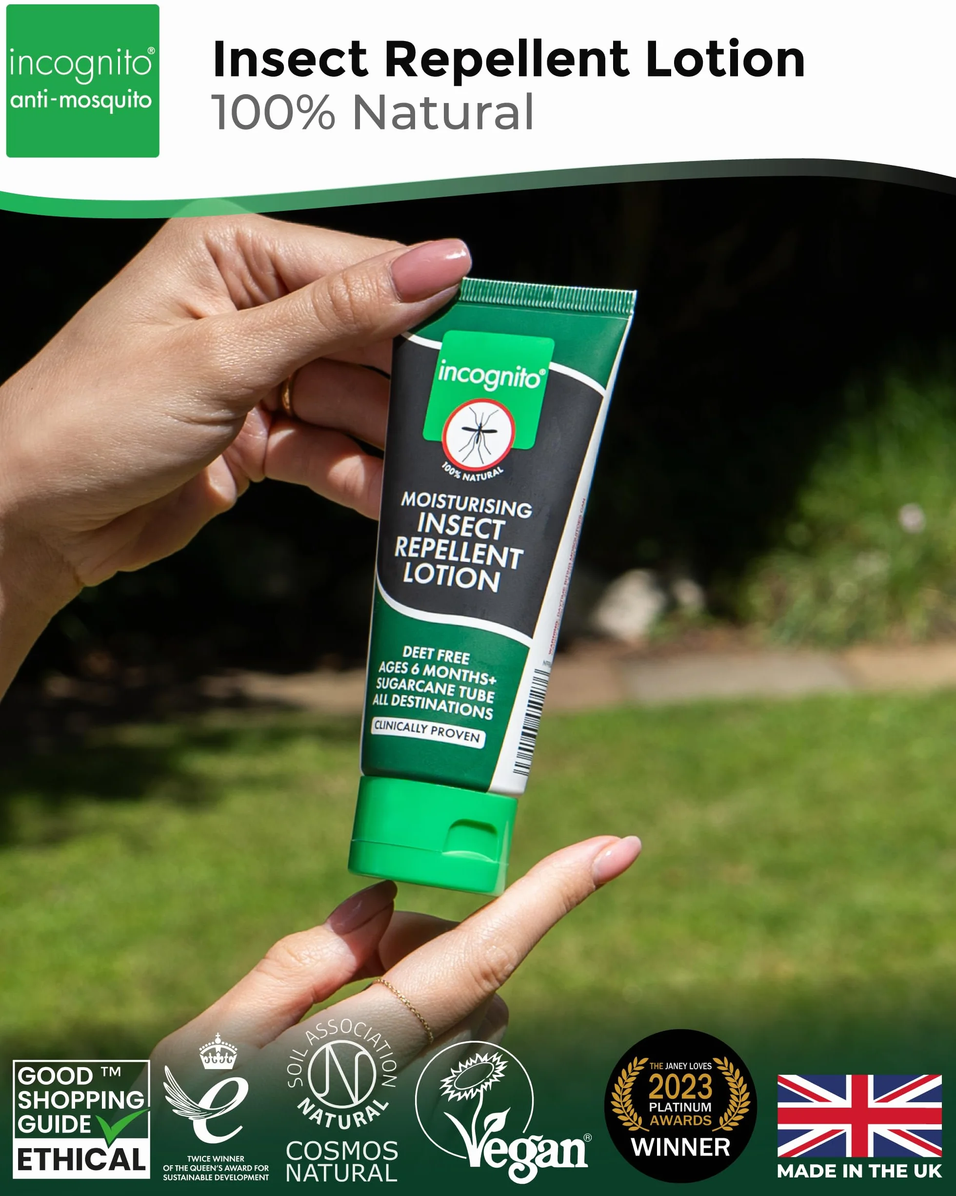 Incognito lozione repellente per insetti 100 ml | Protegge fino a 7 ore | Formula naturale senza DEET | Repellente e crema idratante per una pelle morbida e protetta | Repellente biologico tascabile