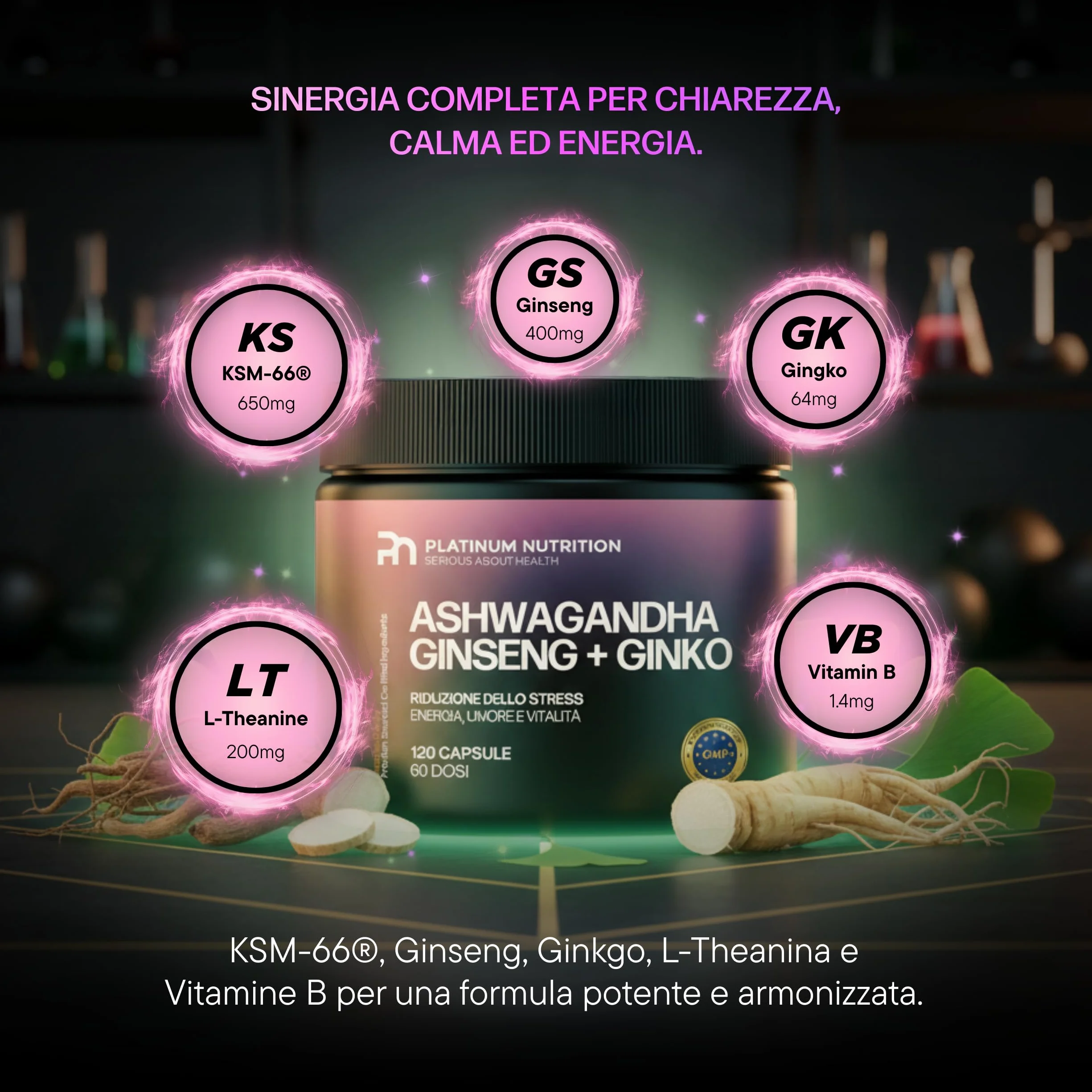 Platinum Nutrition Ashwagandha KSM-66 con Ginseng & Ginkgo Biloba, 120 Capsule (2 Mesi) | Integratore Naturale Adattogeno per Energia Mentale, Memoria, Ansia e Stress | Complesso con Ashwagandha Pura