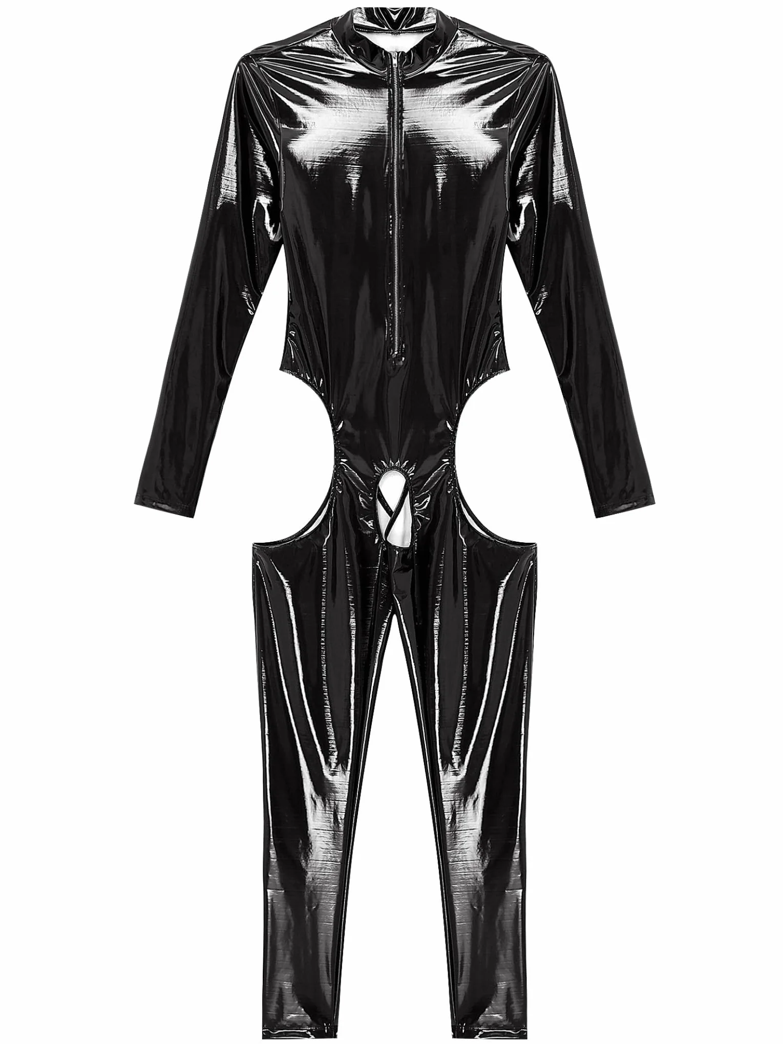 Sxiwei Donna Wetlook Bodysuit Ouvert Latex Catsuit Lucido Pelle Tuta Jumpsuit Maniche Lunghe Sexy Lingerie