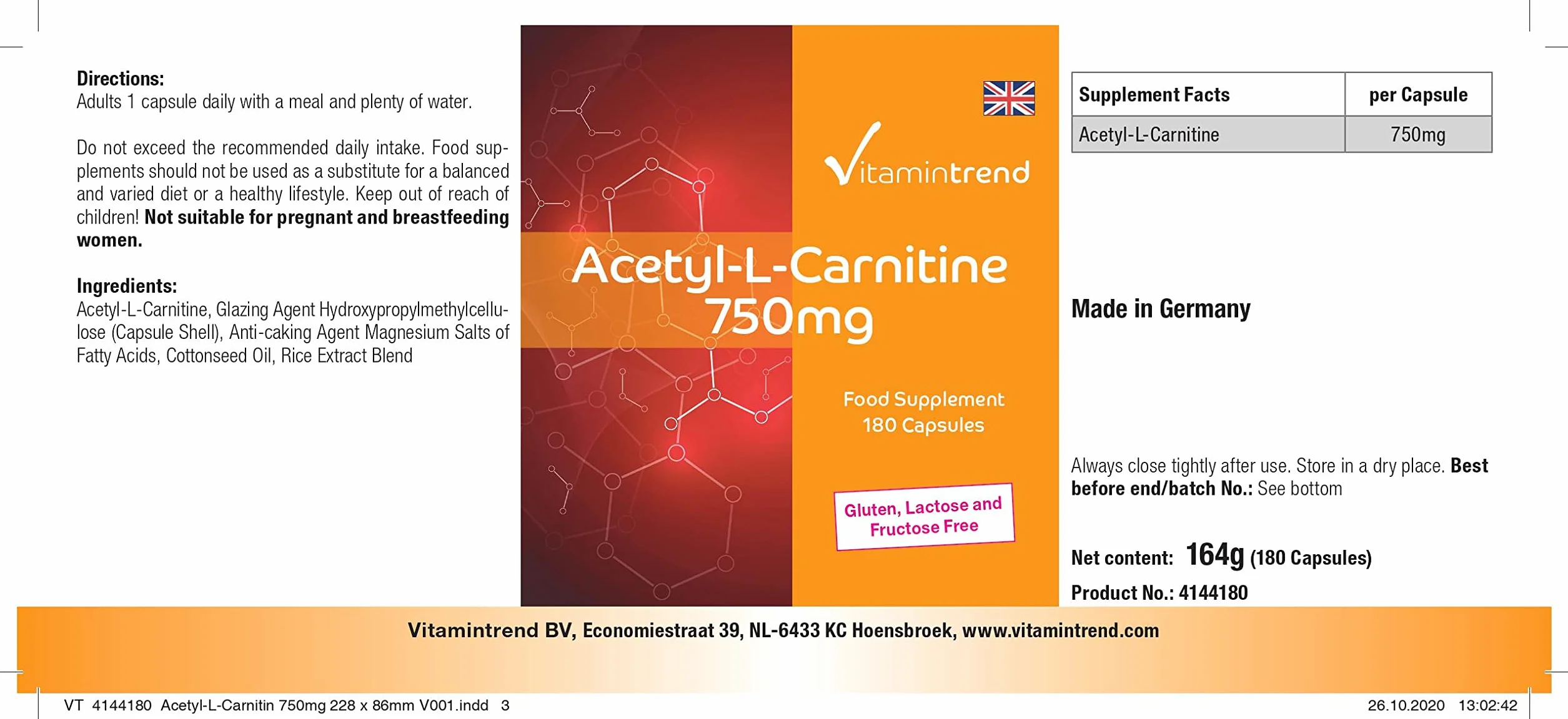 Vitamintrend Acetil-L-Carnitina 750 mg, 180 capsule, ad alto dosaggio, integratore alimentare vegano senza stearato di magnesio, prodotto in Germania