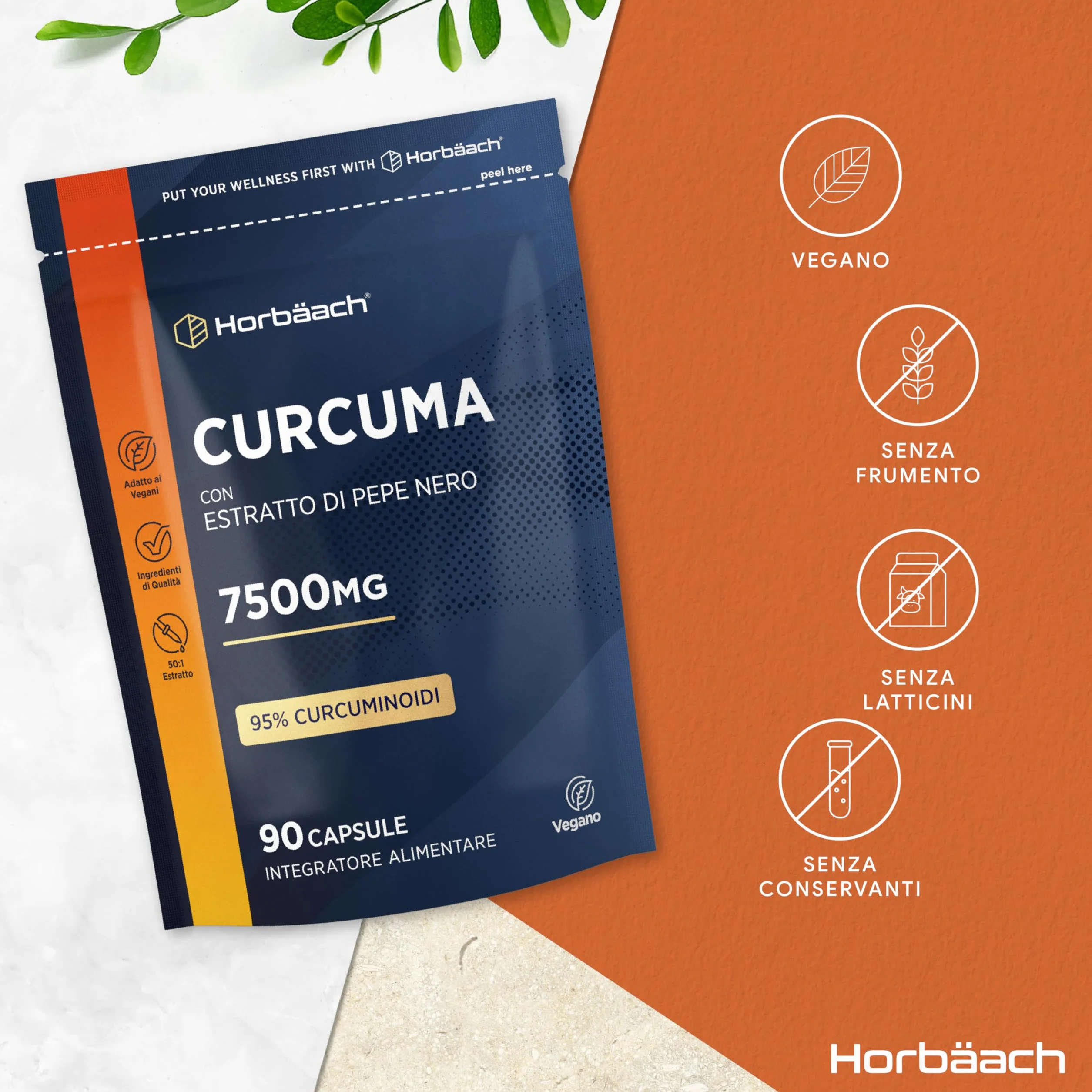 Curcuma Capsule 7500mg Horbaach Alta Dosaggio Curcumina e Piperina Turmeric and Black Pepper