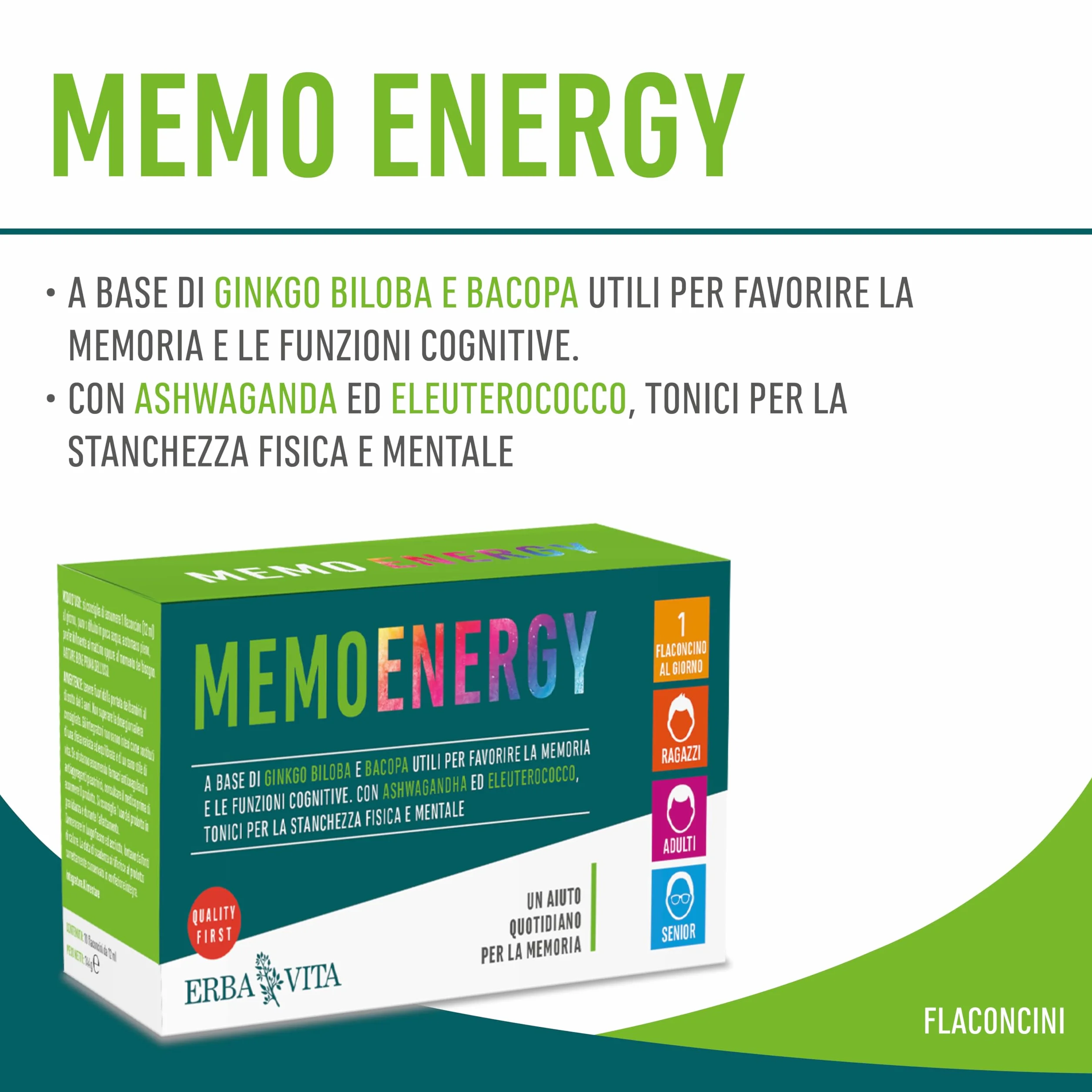 ERBA VITA Memo Energy integratore alimentare Ginkgo Biloba Bacopa memoria funzioni cognitive 10 flaconcini