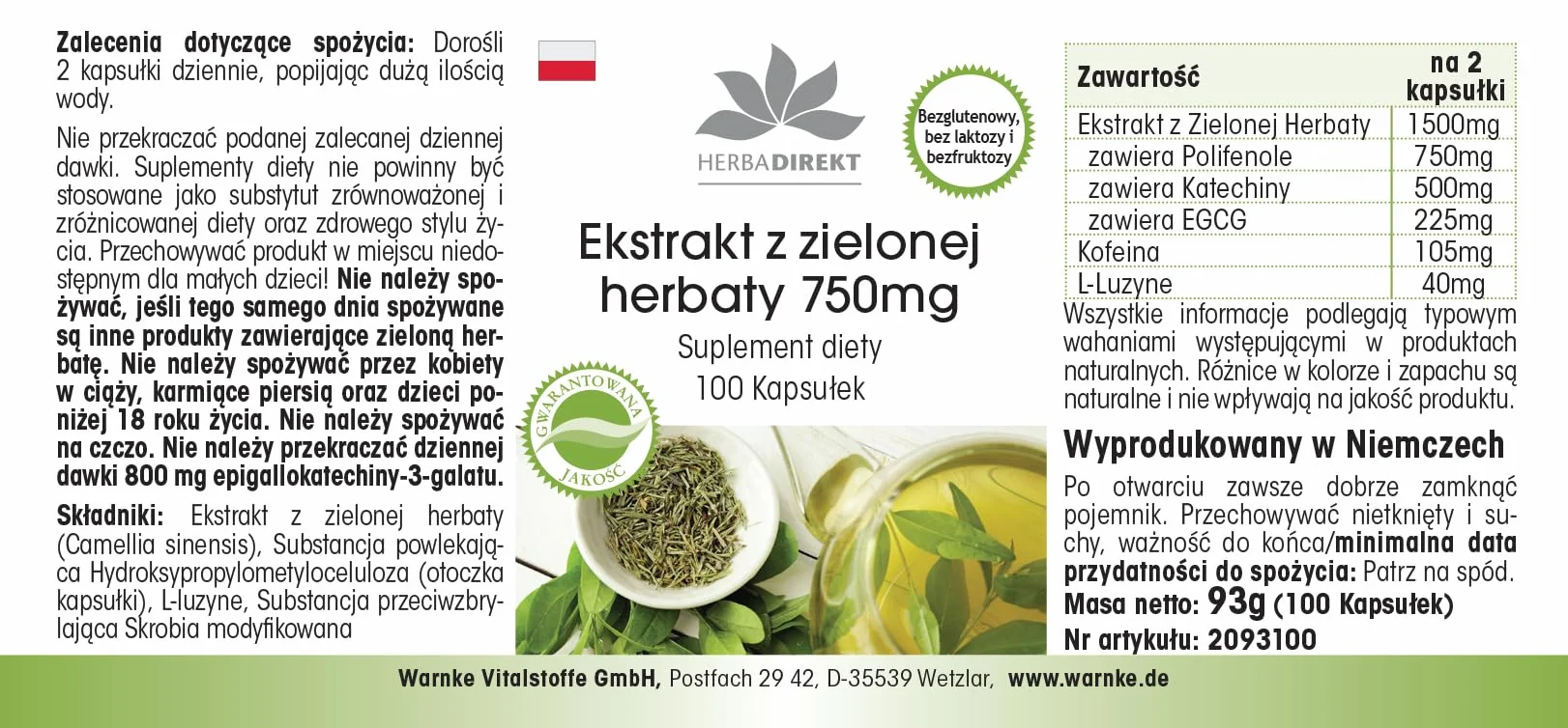 Estratto di tè verde 750 mg capsule - 100 capsule - polifenoli - catechine - EGCG - caffeina - ad alto dosaggio - vegano | HERBADIREKT by Warnke Vitalstoffe - Qualità farmaceutica tedesca
