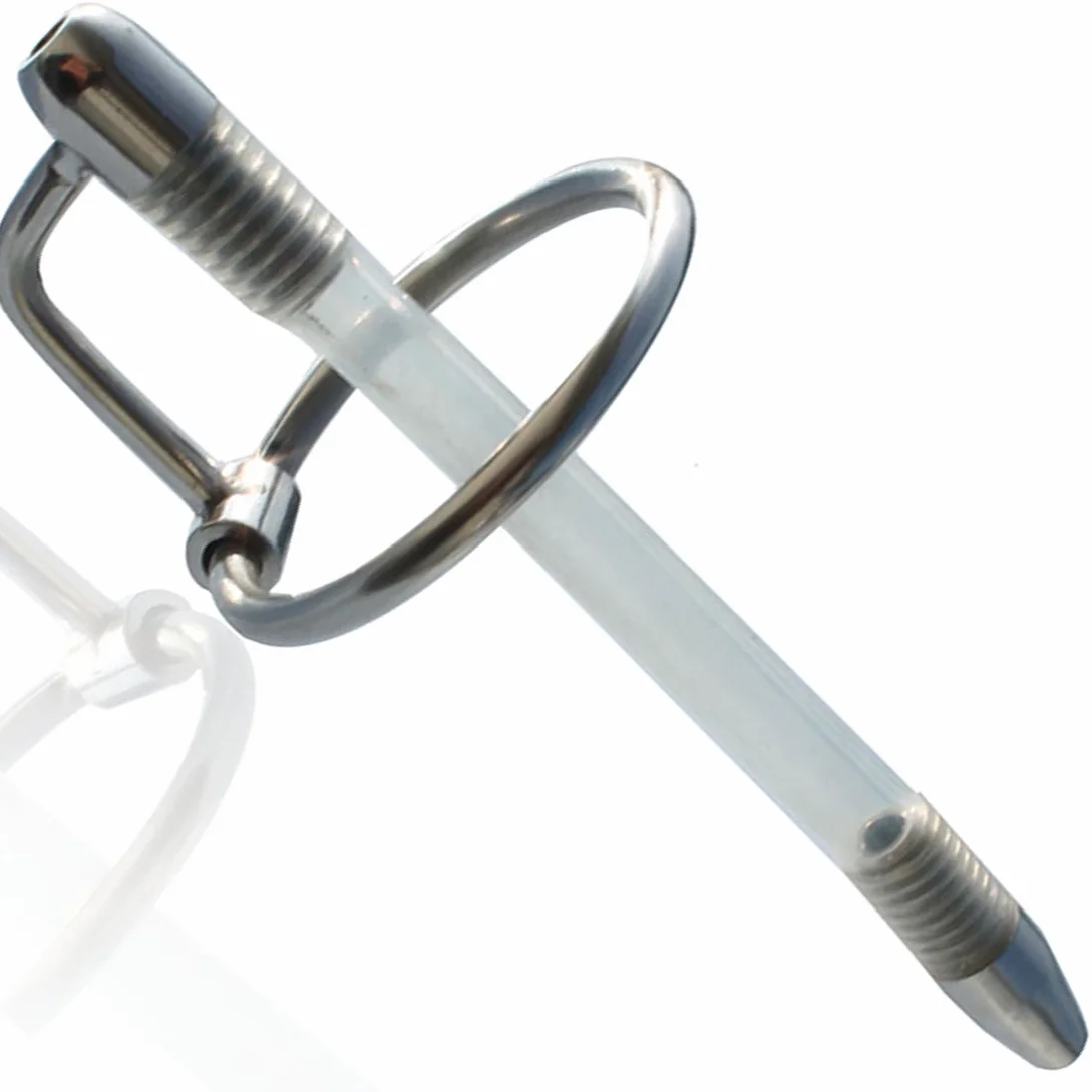 Sonda Uretrale Maschile in Acciaio Inox e Silicone 12 cm Ø0,6-0,75 cm con 2 Anelli Ø2,5-3,1 cm per BDSM