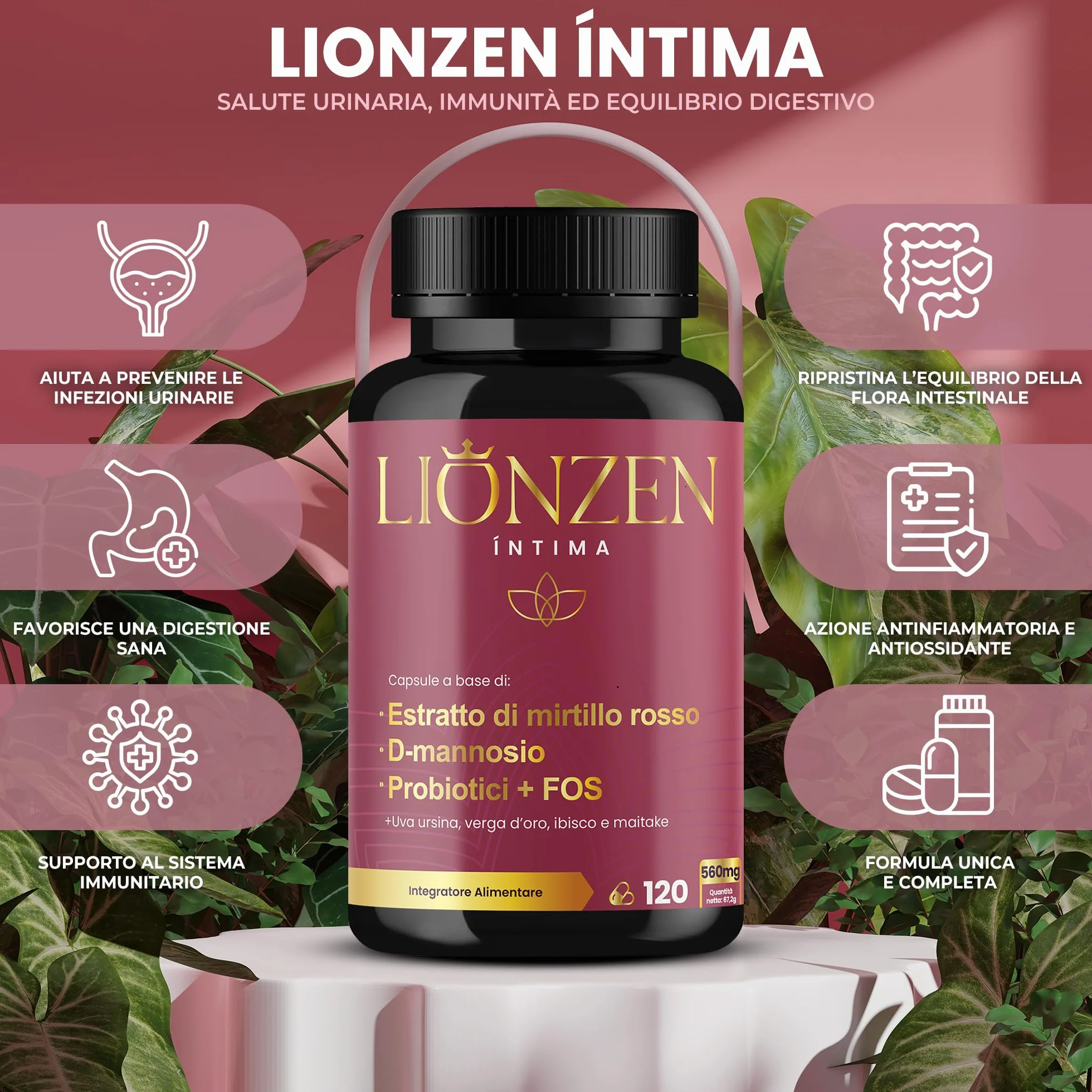 Probiotici Donna Flora Intima | Mirtillo Rosso, D-mannosio +12 Ingredienti naturali | +2000 milioni UFC | Benessere delle vie urinarie femminili | 120 capsule | Lionzen Intima