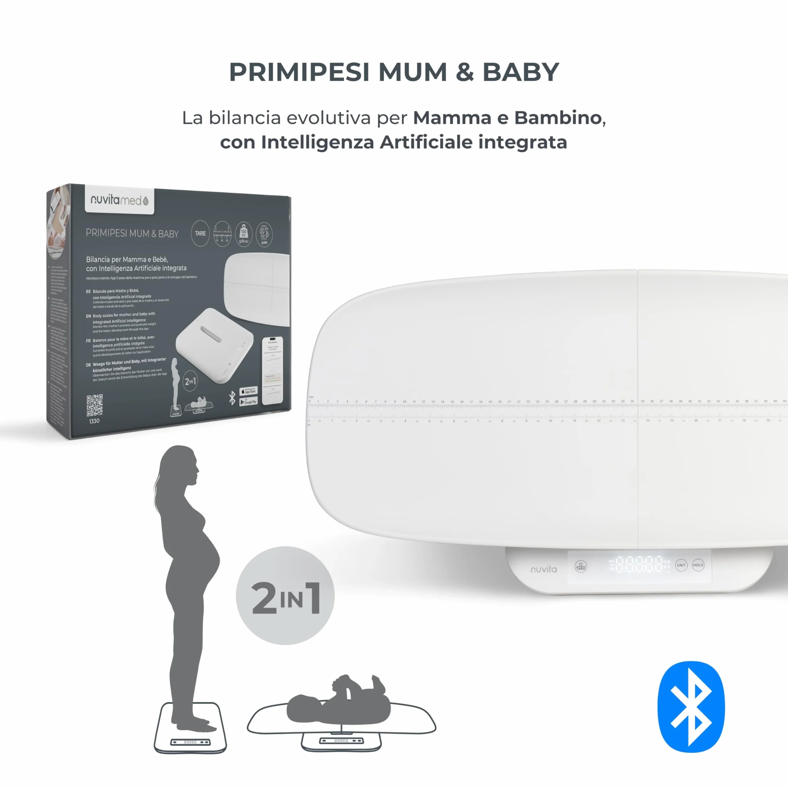 Nuvita 1330 PrimiPesi Bilancia Bluetooth Smart Mamma & Bambino Controllo Crescita Peso AI