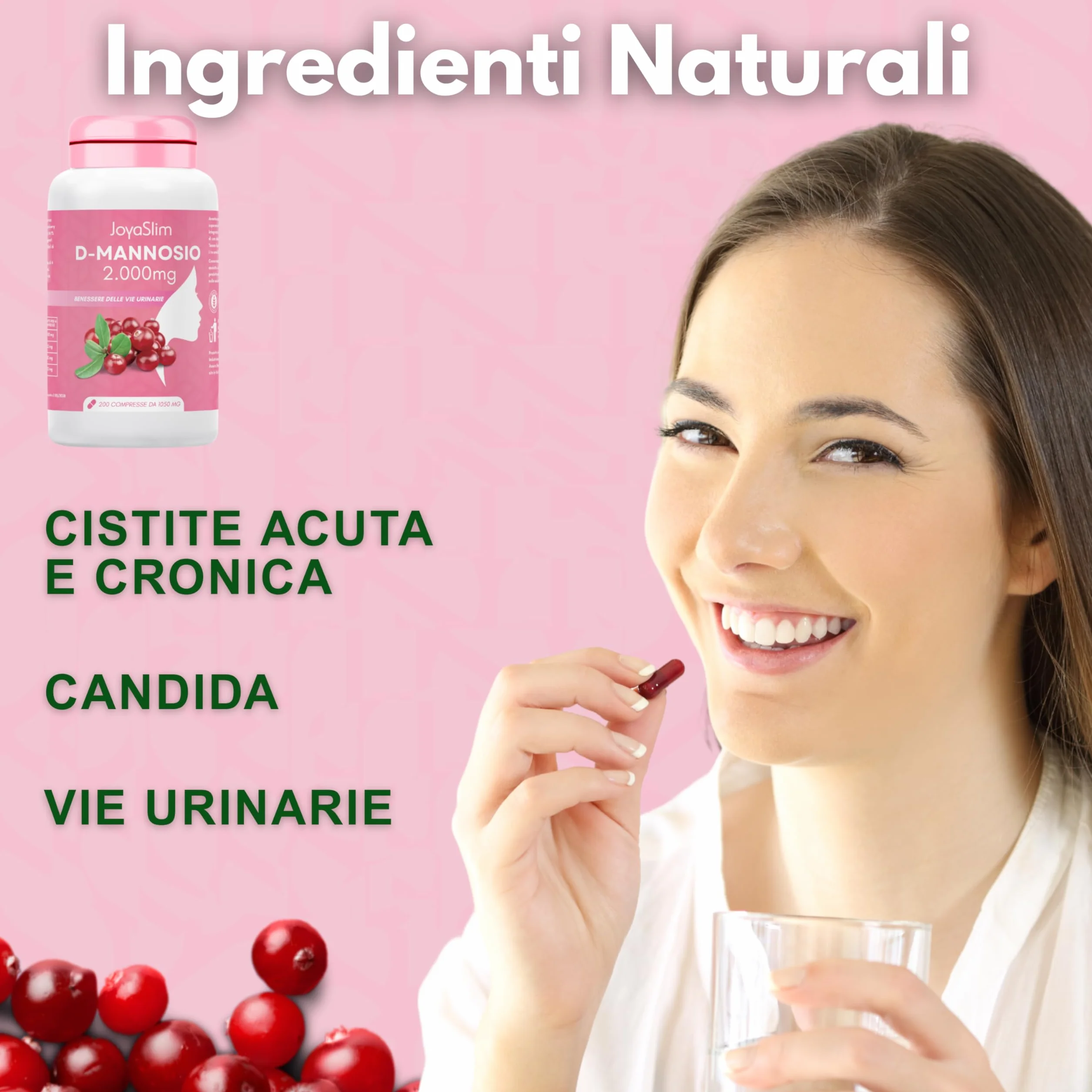 D Mannosio Puro 2000mg. JoyaSlim® Integratore Cistite e Candida. Con Acido Ialuronico, Mirtillo Rosso e Inulina. 200 Compresse (Fornitura 3 Mesi) Supporto Naturale Vie Urinarie Donna e Uomo