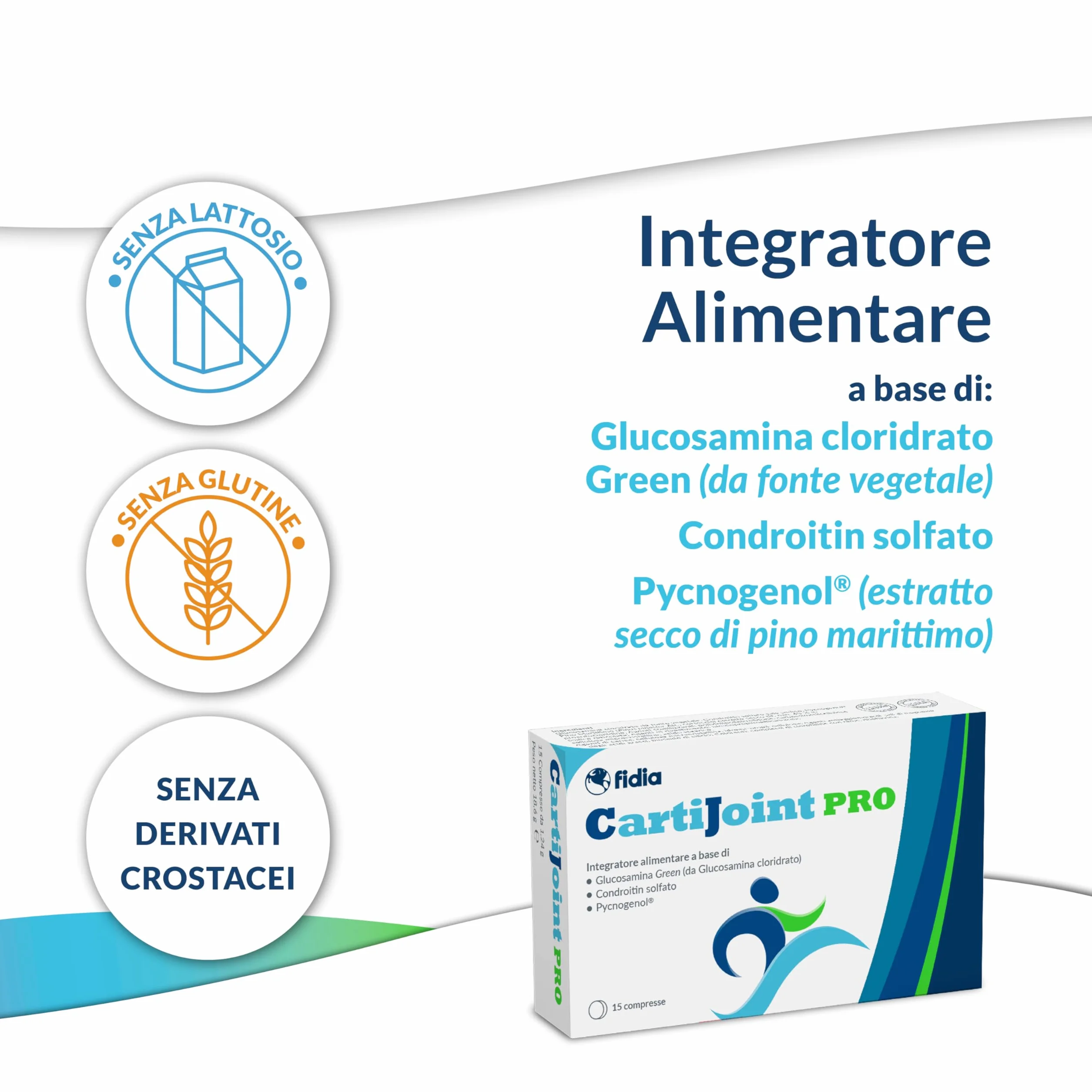 Fidia Farmaceutici CartiJoint PRO - 15 Compresse, Integratore a Base di Glucosamina Cloridrato Green, Condroitin Solfato e Pycnogenol®, Senza Glutine e Lattosio, Adatto per Allergici ai Crostacei