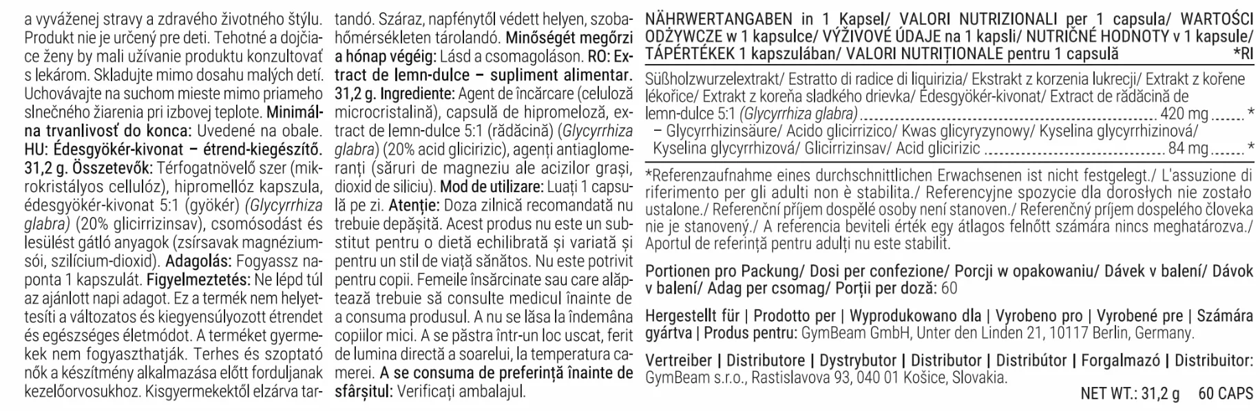 GymBeam Estratto di Liquirizia Standardizzato 5:1 84 mg Acido Glicirrizico per Dose 60 cps