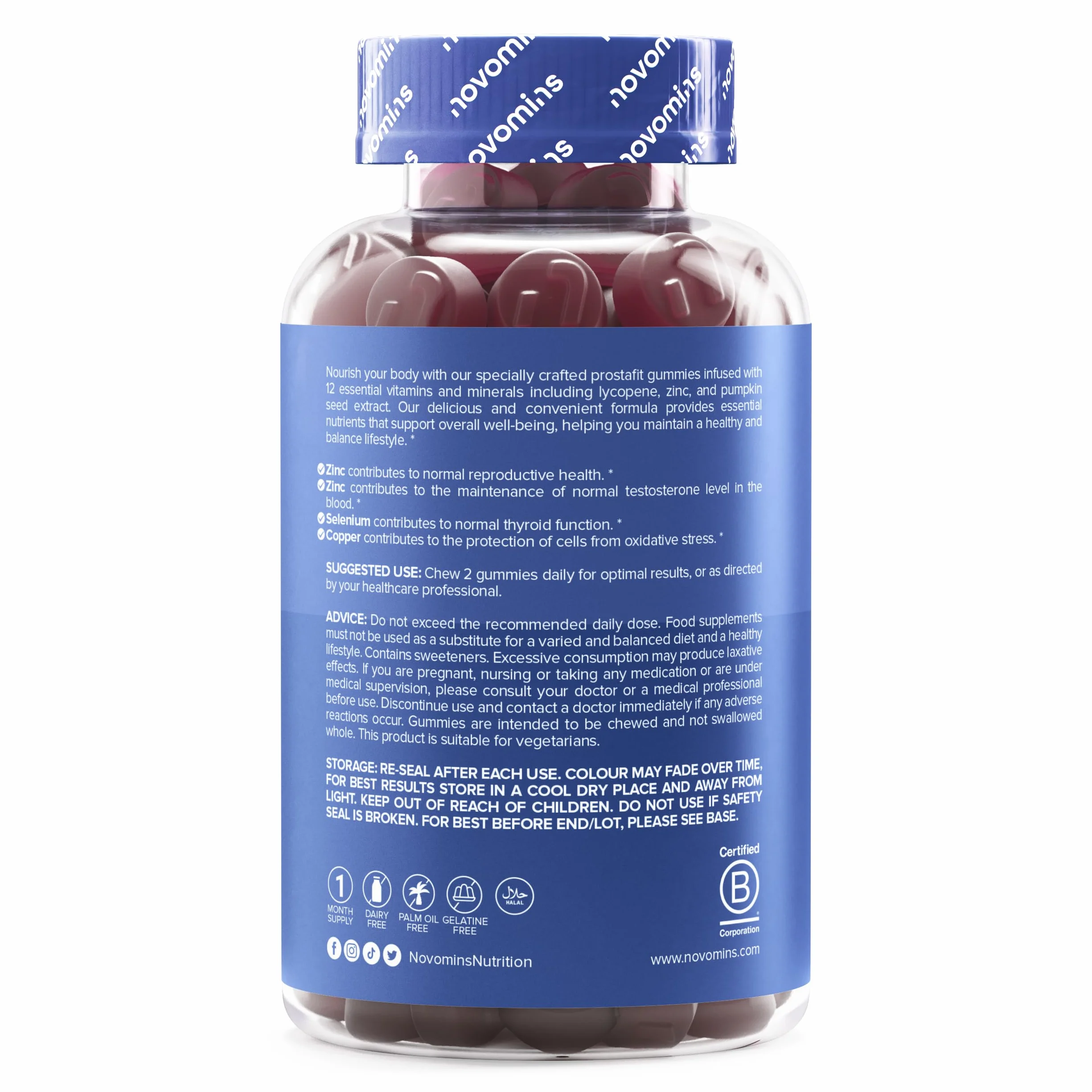 Prostafit Gommose Uomo Saw Palmetto Semi di Zucca Ortica Zinco Selenio Testosterone Fertilita Spermatogenesi 60 Gommose Gusto Arancia Novomins