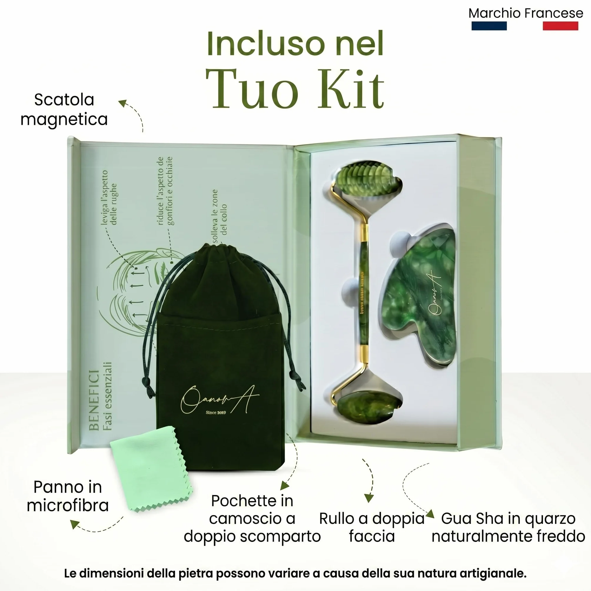 Kit Gua Sha per Viso e Corpo & Roller | Pietra Di Giada Verde | Massaggio Antirughe & Drenaggio Linfatico | Lifting Mento Doppio | Guasha | Maderotherapy | Gasha | Raffinare Shaper del Viso [OanovA]