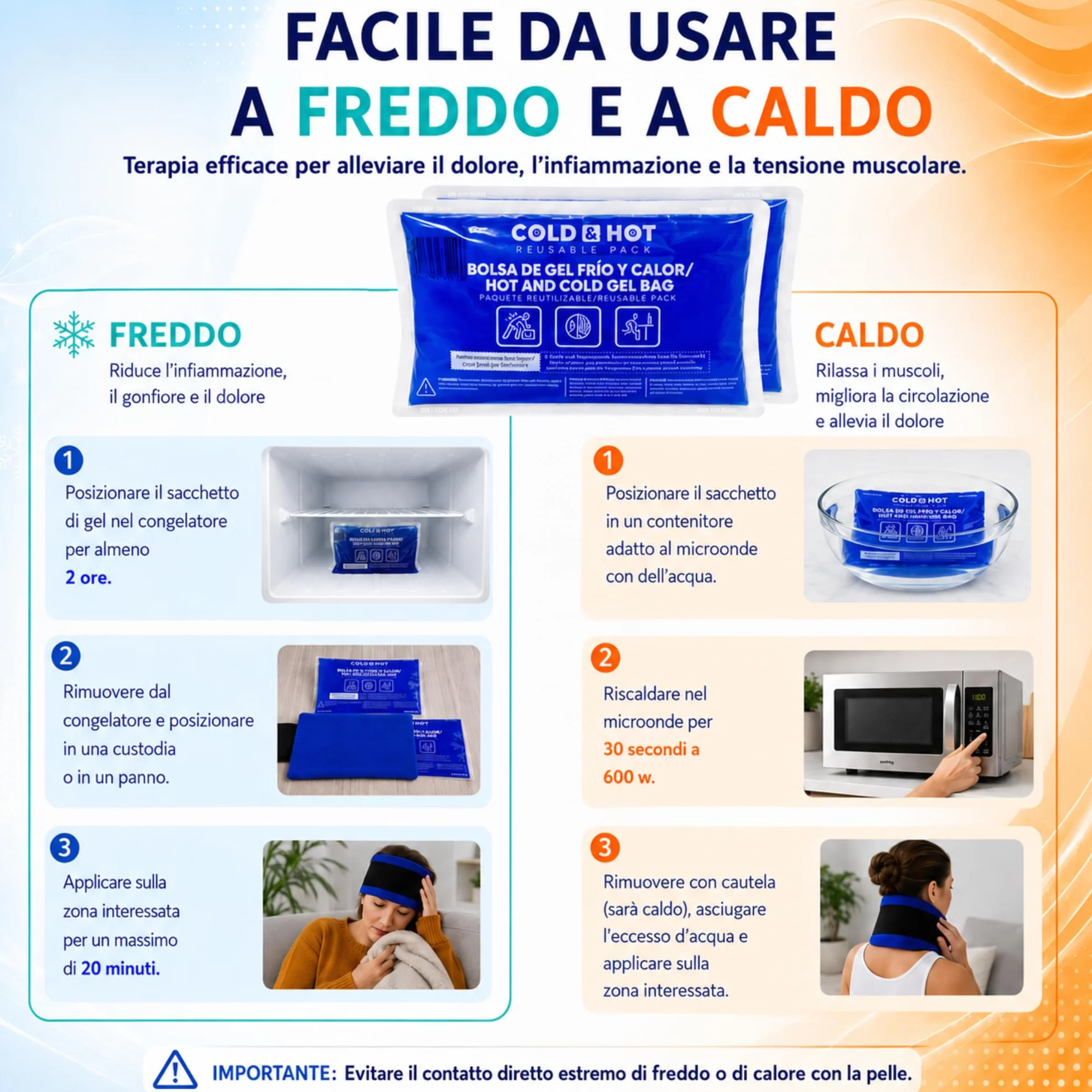 Ghiaccio Gel Riutilizzabile (26x15 cm) Compressa Fredda Calda con Copertura Multiposizione e Fascia di Compressione per Terapie Caldo/Freddo