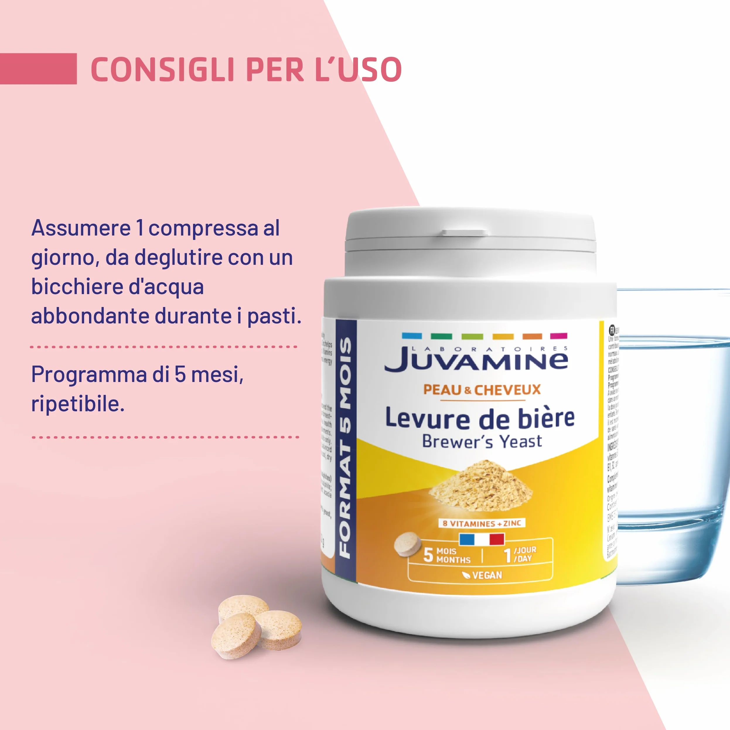 JUVAMINE Lievito di birra, bellezza pelle capelli unghie, vitamine B + zinco, programma 5 mesi