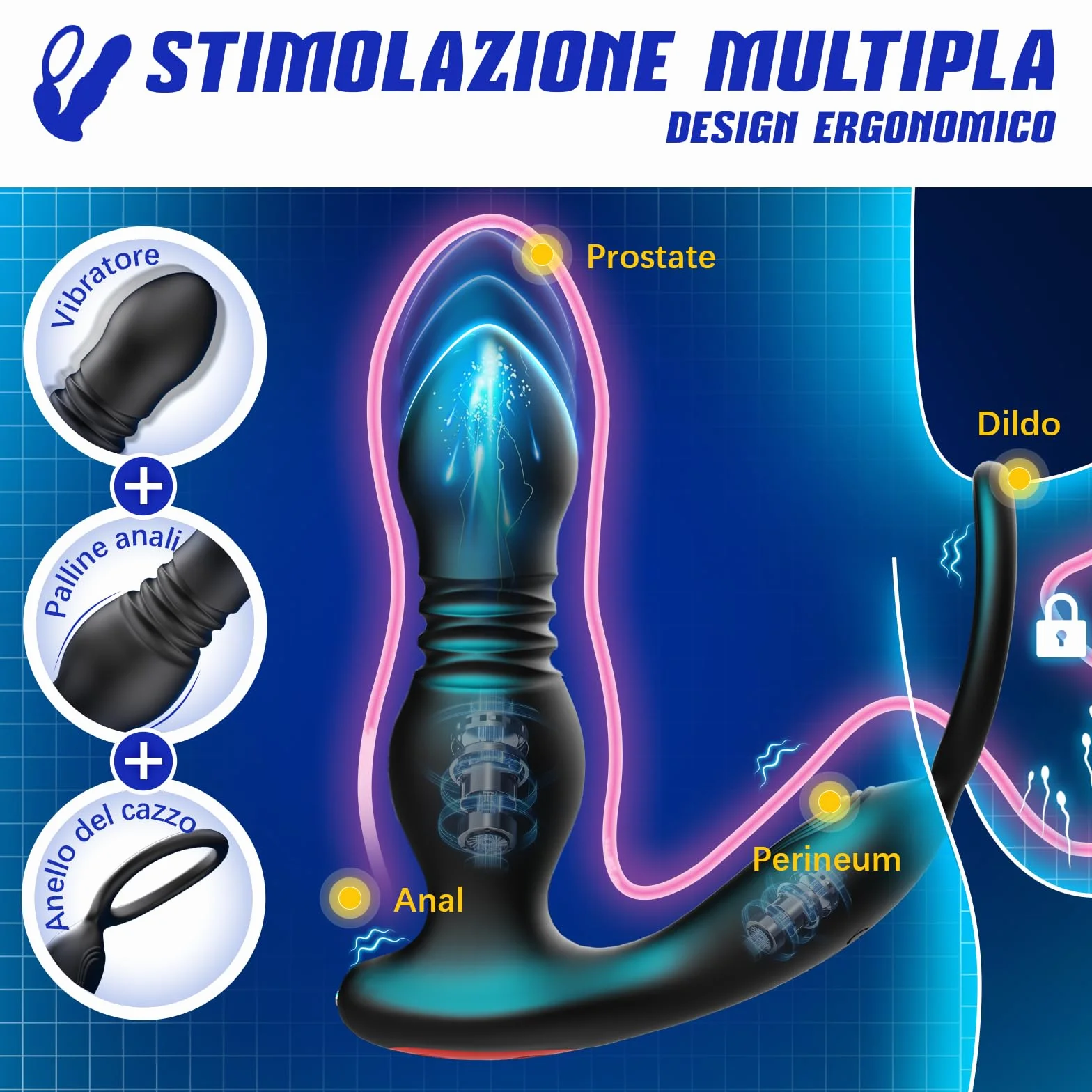 Prostata Vibratore Anale Plug 3 in1 per Uomo Sex Toys con 7 Modalità