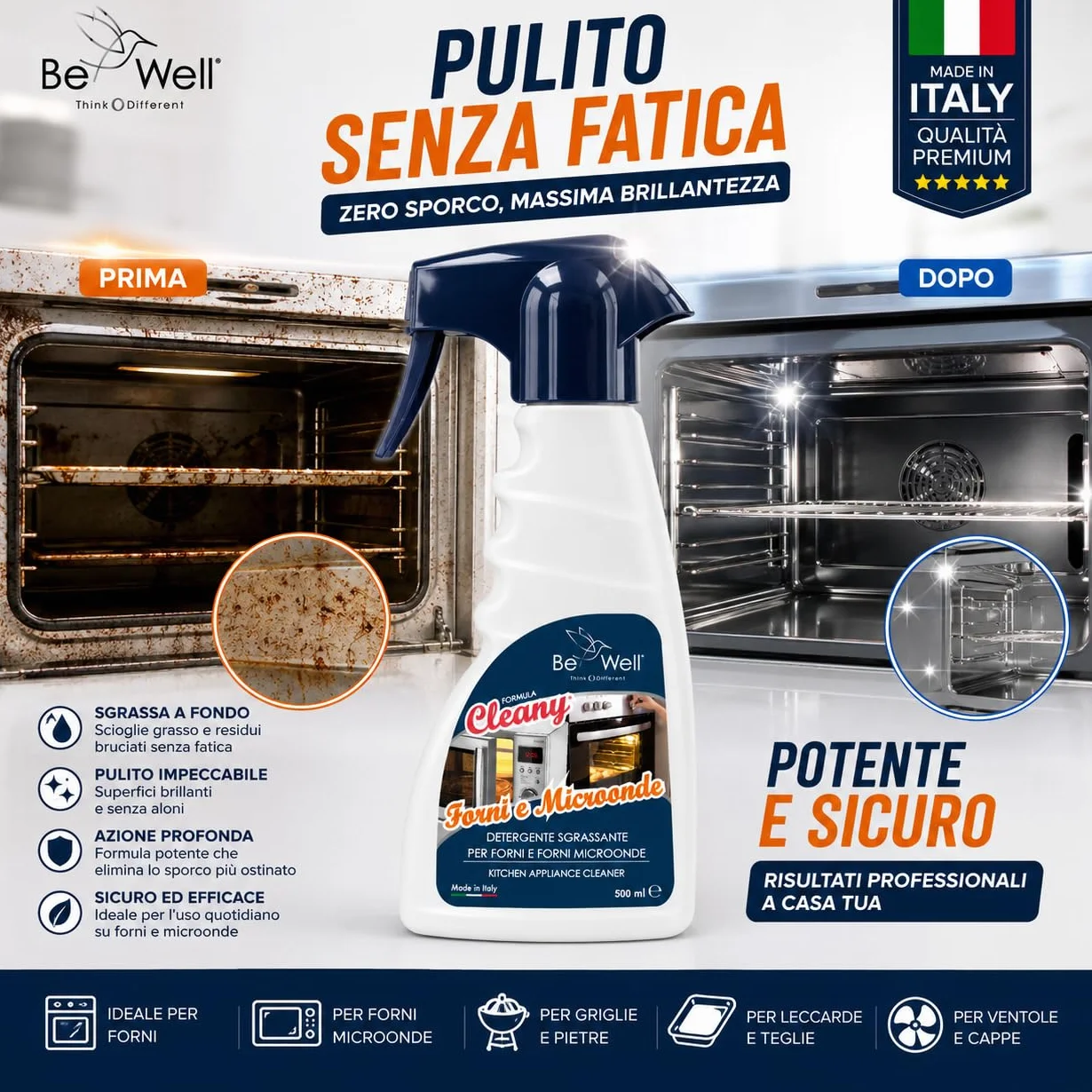 CLEANY Detergente Sgrassante Spray Forni Microonde 500 ml Made in Italy