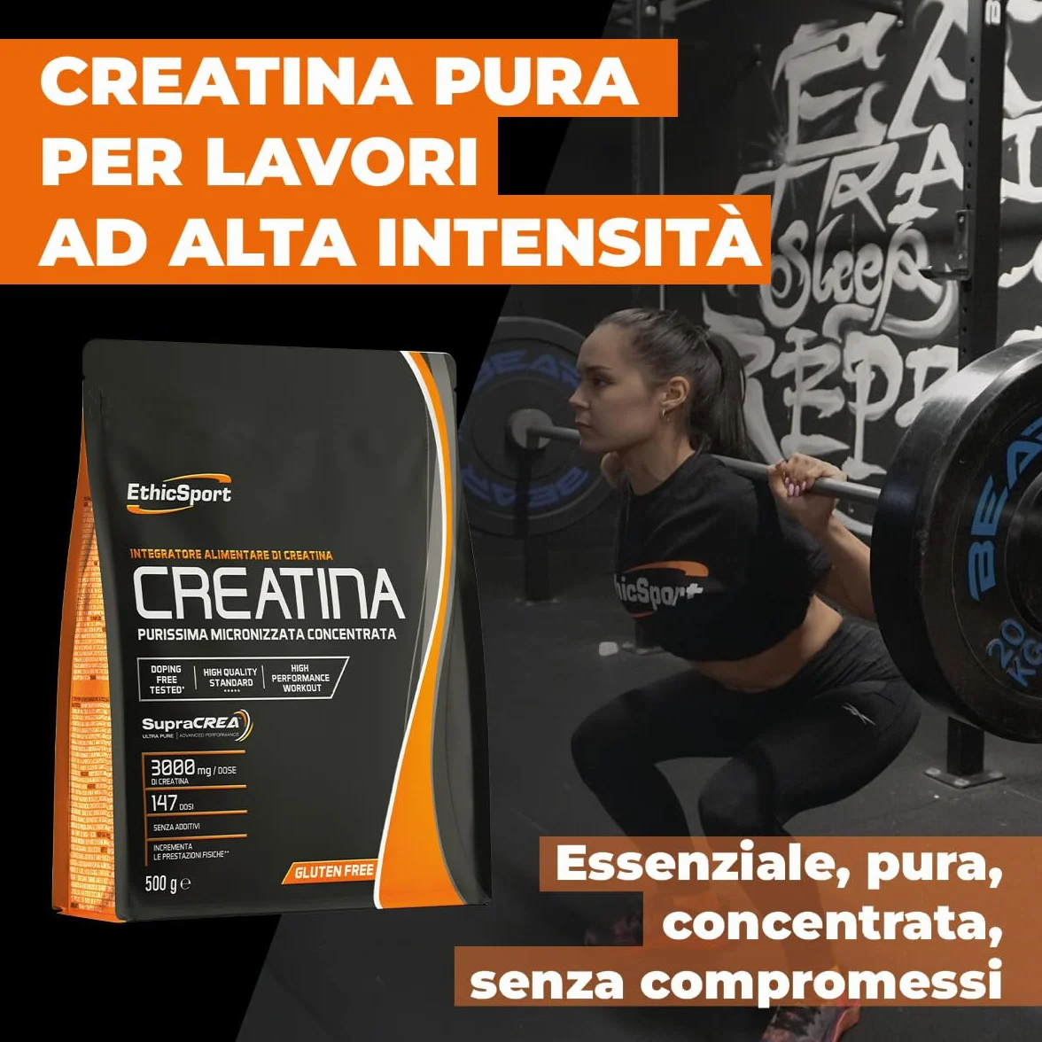 EthicSport CREATINA – Creatina monoidrato pura in polvere con SupraCREA™ – Incrementa le prestazioni fisiche in attività brevi e intense – elevata purezza, senza additivi – vegan, gluten free – 500 g