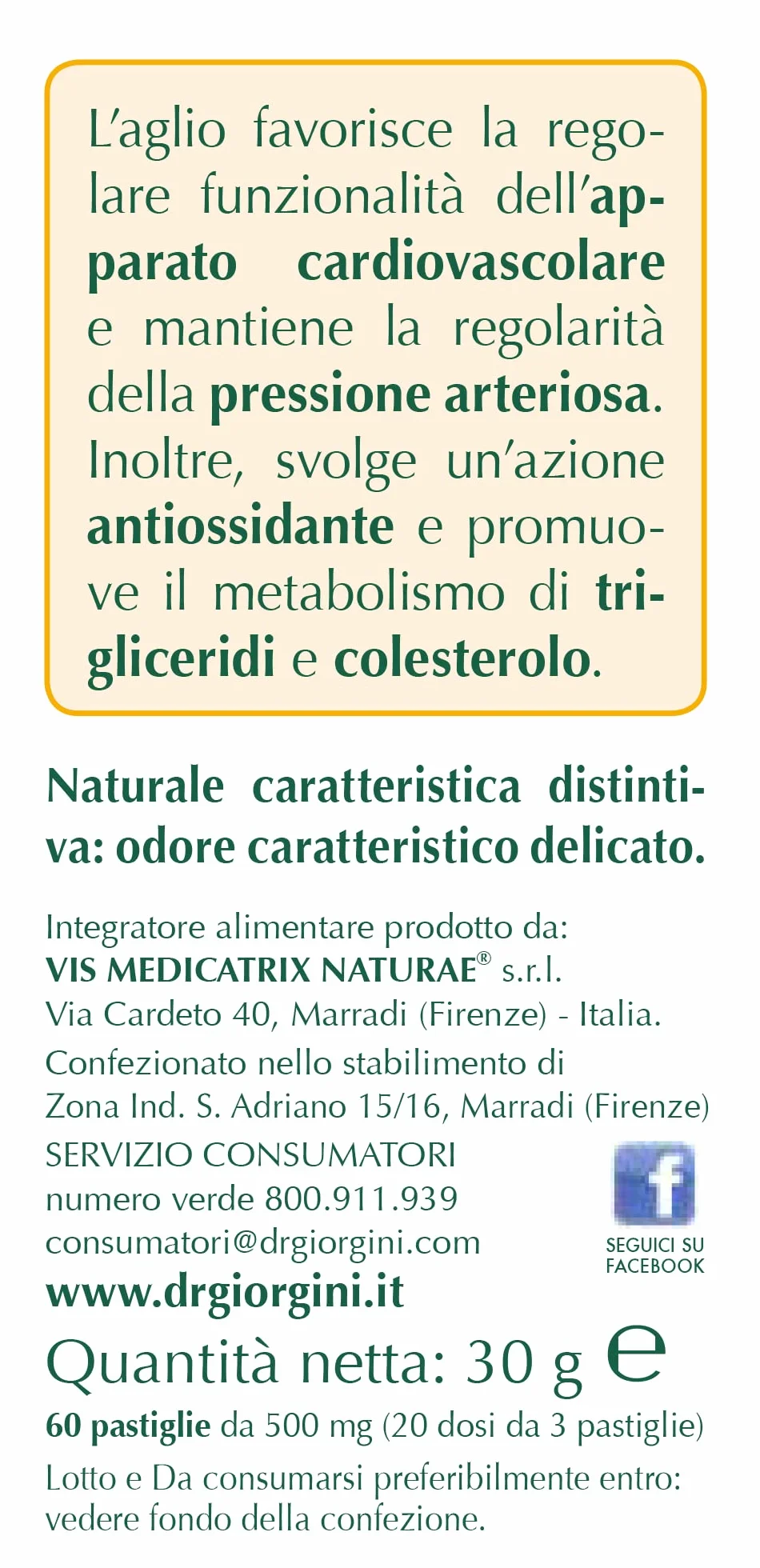 Dr Giorgini Integratore Alimentare, Monocomponenti Erbe Aglio Estratto Titolato al 2% in Allina Pastiglie - 30 g