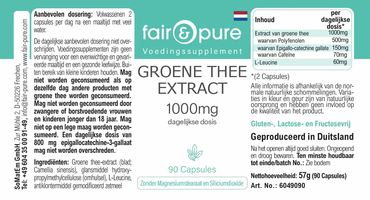 Fair & Pure® - Estratto di tè verde 1000 mg (Camilla sinensis) - 90 capsule - 50% polifenoli (tra cui EGCG) - vegano - senza magnesio stearato
