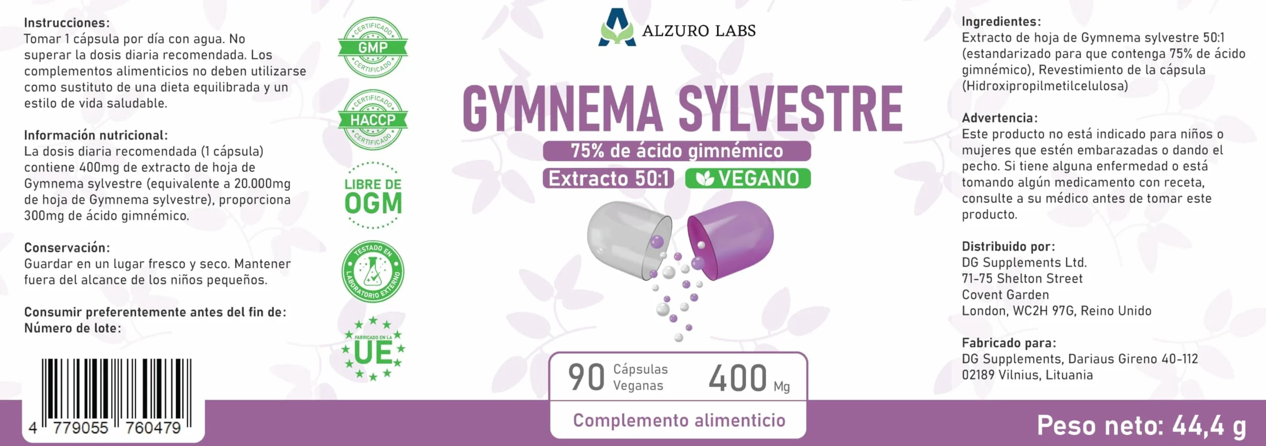 Gymnema Sylvestre 20,000mg Estratto 50:1 400mg 75% Acido Gymnemico 90 Capsule Vegane