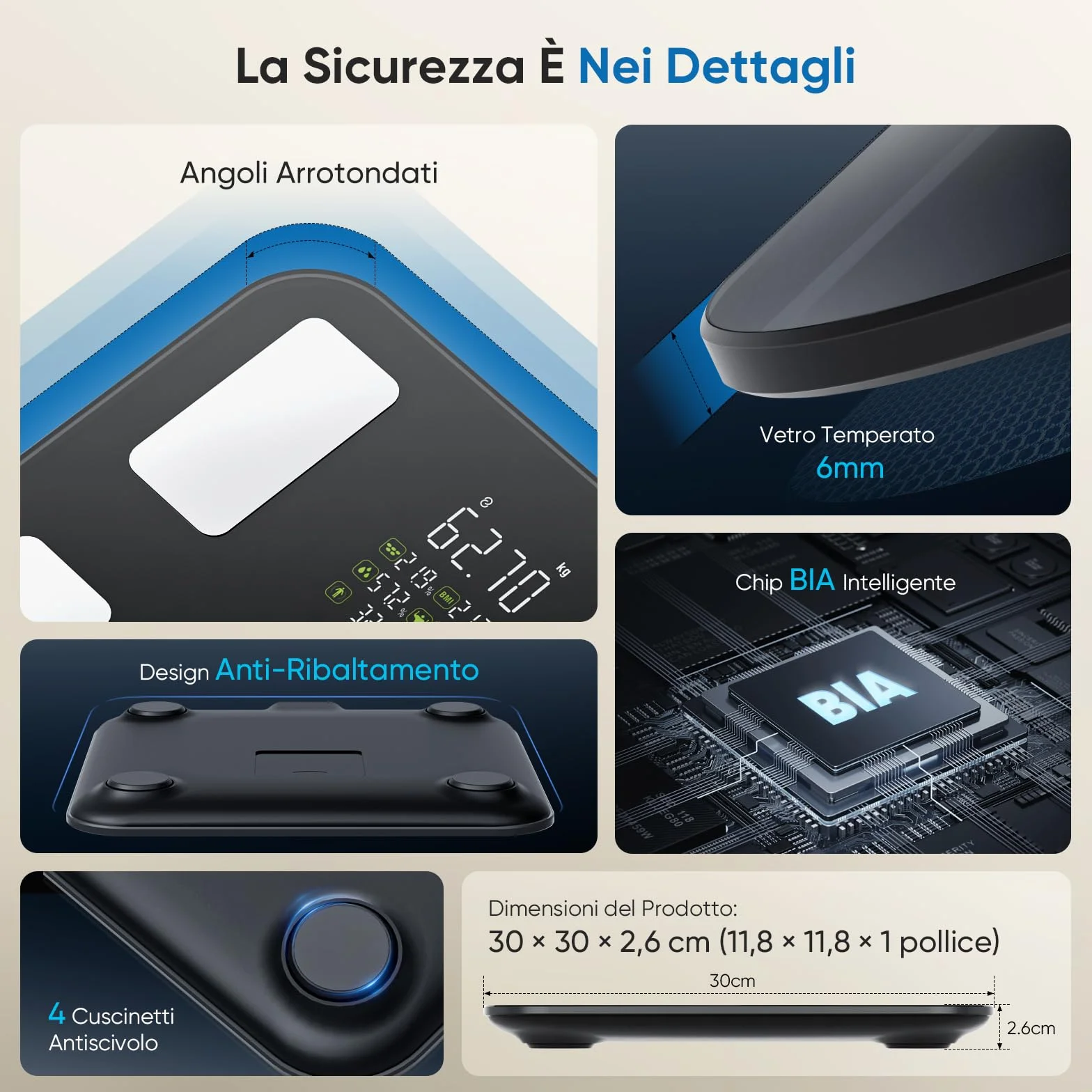 Bilancia Impedenziometrica 8 Elettrodi, Pesapersone Digitale con Display VA, 28 Metriche, Analisi Corporea BIA Doppia Frequenza, 180kg