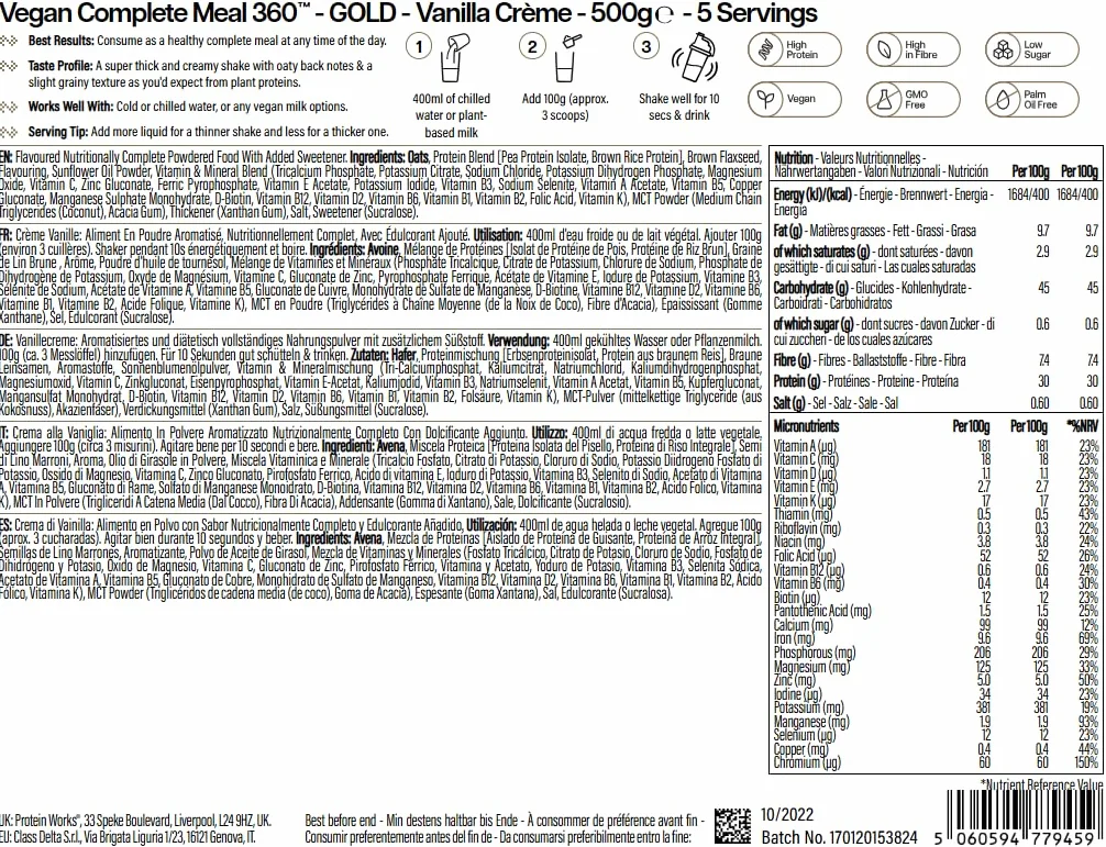 Protein Works | Vegan Complete Meal 360 – GOLD Innovation, Shake Sostitutivo Pasti Vegan Premiato, Ingredienti Vegetali Premium, Vitamine & Minerali, Crema alla Vaniglia, 5 Pasti, 500g