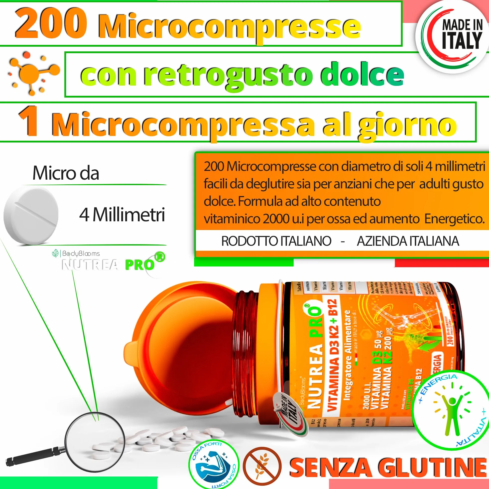 Vitamina d3 k2 2000UI - 200 Micro Compresse vit d3 k2 Arricchite con B12 e Acido folico. Supporto completo per ossa, muscoli ed energia - Integratore di Vitamina D senza glutine. Made in Italy