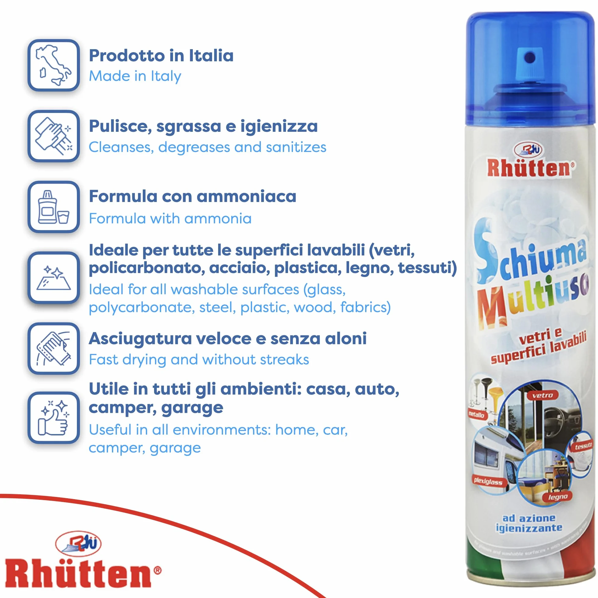 Schiuma Multiuso Igienizzante con Ammoniaca 400ml Spray Detergente per Superfici Lavabili