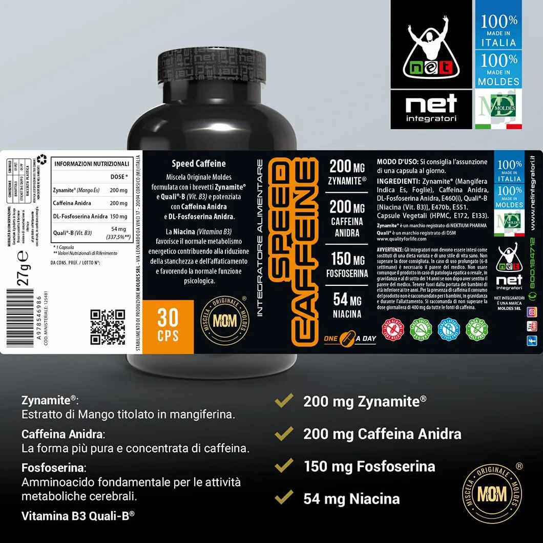 Net Integratori SPEED CAFFEINE 30 capsule Integratore Pre-Workout con Caffeina Anidra e Zynamite® per Energia e Focus Mentale
