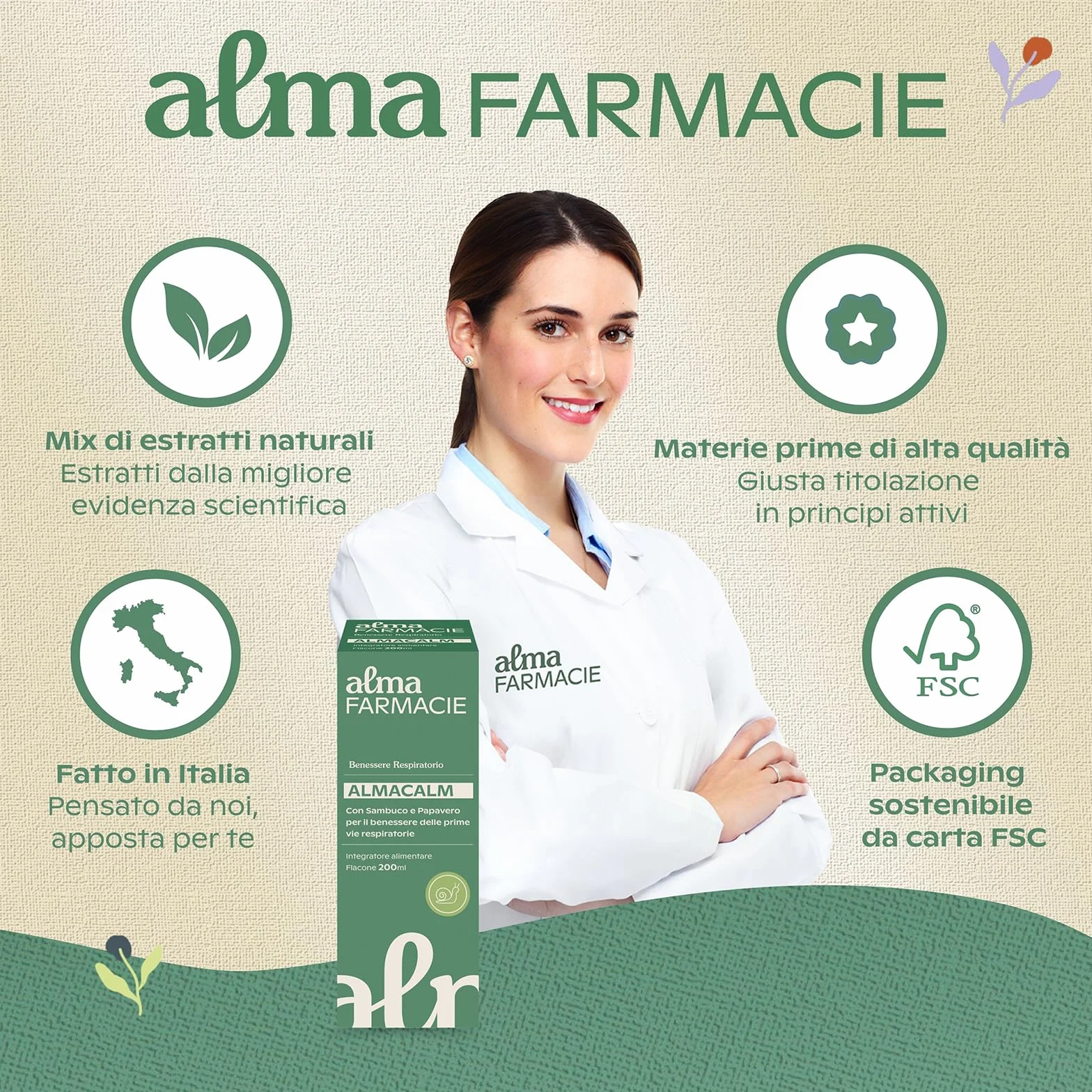 AlmaCalm Alma Farmacie, Sciroppo per Tosse ad Azione Lenitiva, Con Ingredienti Naturali, Malva, Sambuco e Papavero, Anche per Bambini, Bassa Concentrazione di Zuccheri, 200 ml