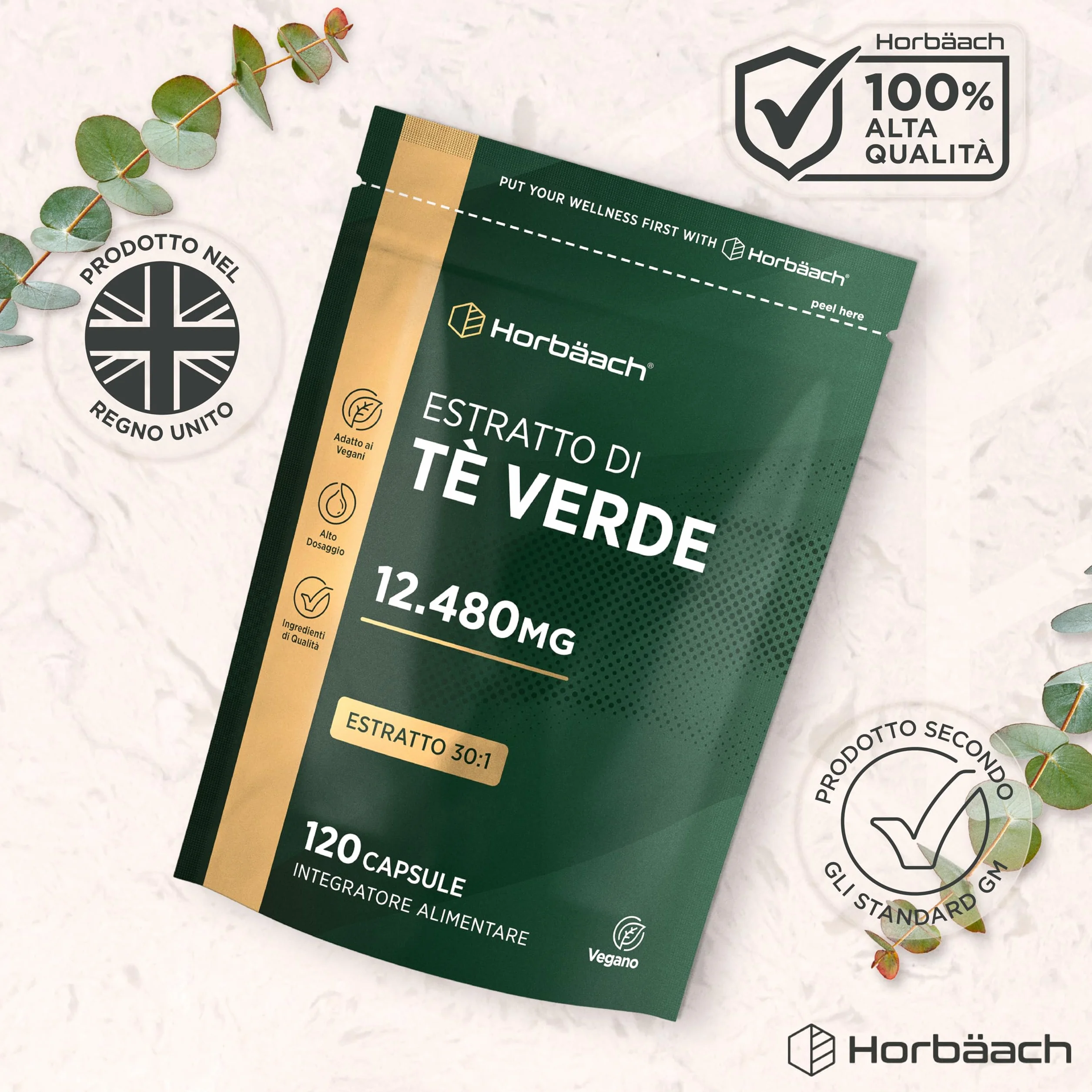Tè Verde Capsule 12480mg | 120 Capsule Vegane | Estratto di Te Verde Integratore in Polvere | Alto Dosaggio | Green Tea Extract | di Horbaach