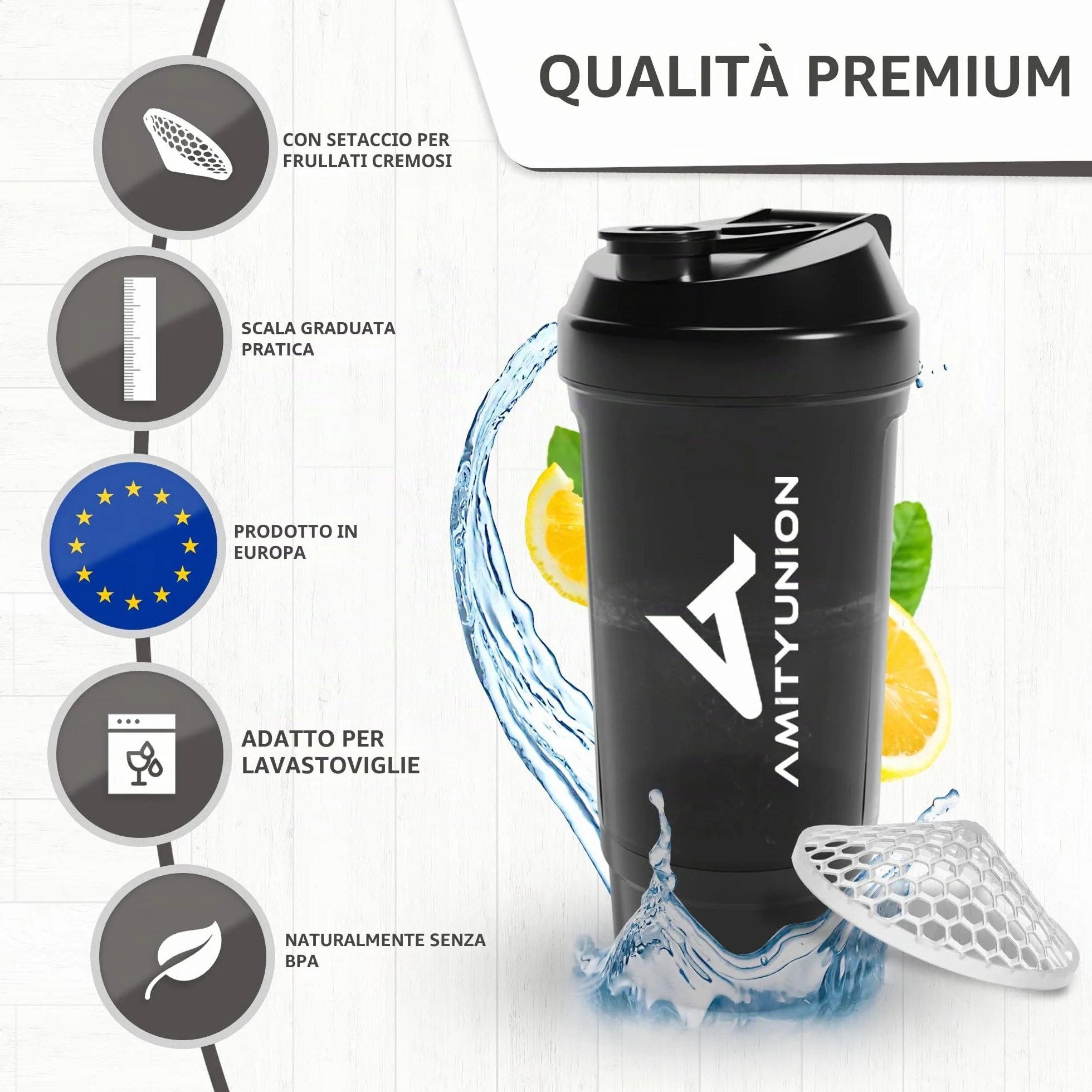 AMITYUNION Shaker per proteine ​​FYRA 700 ml con contenitore - scomparto polvere - shaker per proteine, senza BPA con setaccio e scala per frullati di siero di latte e BCCA, (Black)