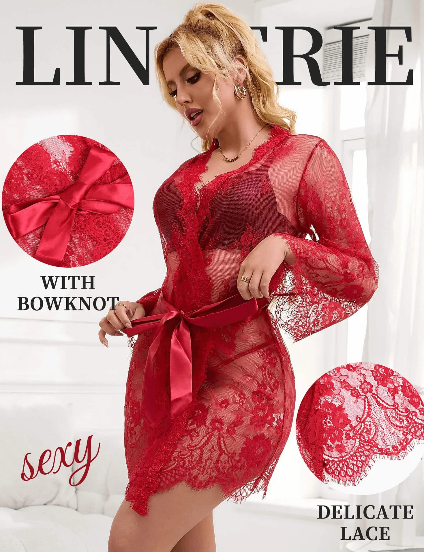 Vestaglia Donna in Pizzo con Cintura Scolla V Floreale Estiva Kimono Babydoll