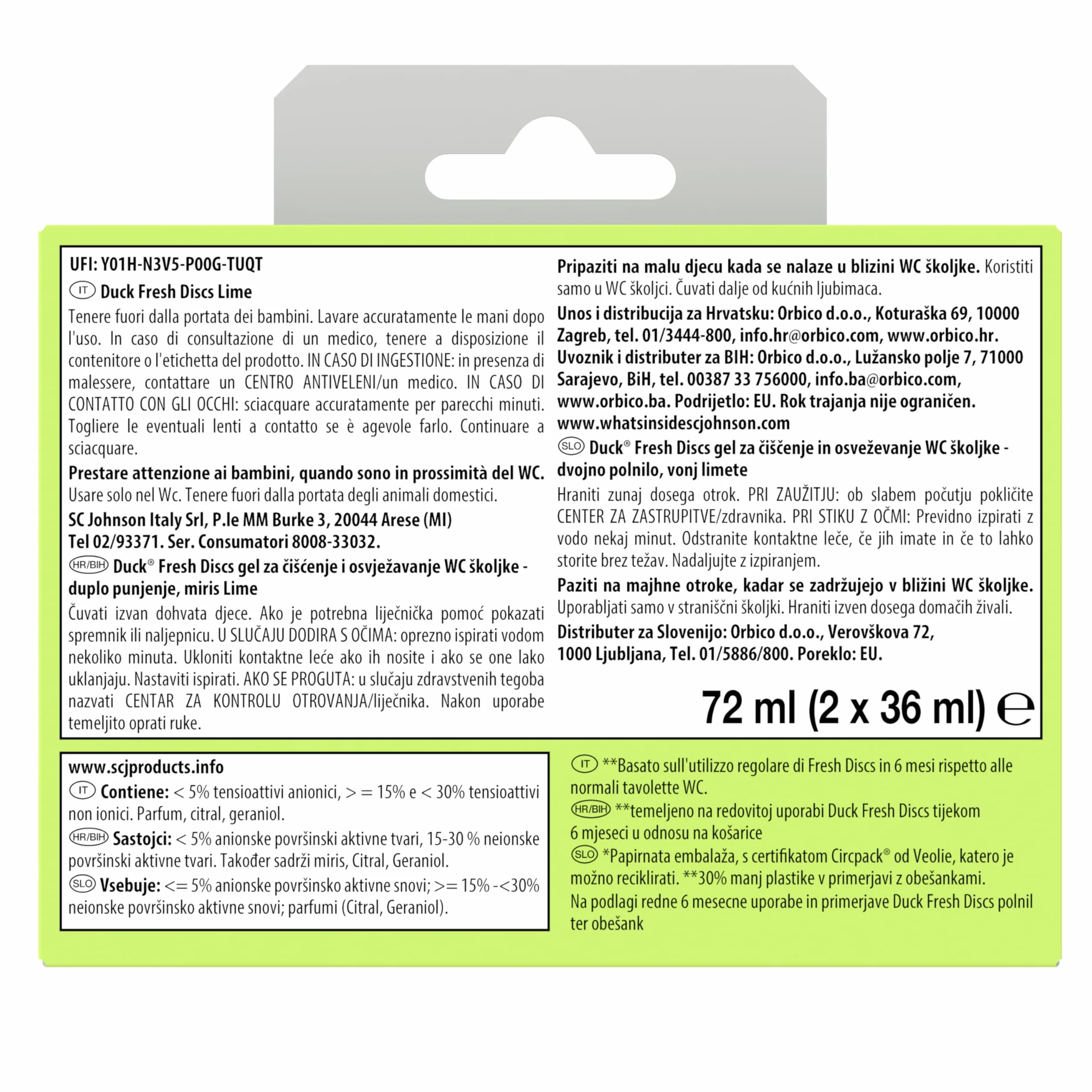 Duck Fresh Discs Dischi gel igienizzanti WC Fragranza Lime 6 Ricariche 36 Dischi