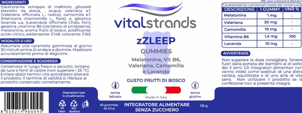 VITALSTRANDS zZLEEP | Melatonina per Dormire forte con l'aggiunta di erbe | Pastiglie per Dormire Meglio con Melatonina e Valeriana, Vitamina B6, Camomilla e Lavanda | 60 Caramelle per Dormire