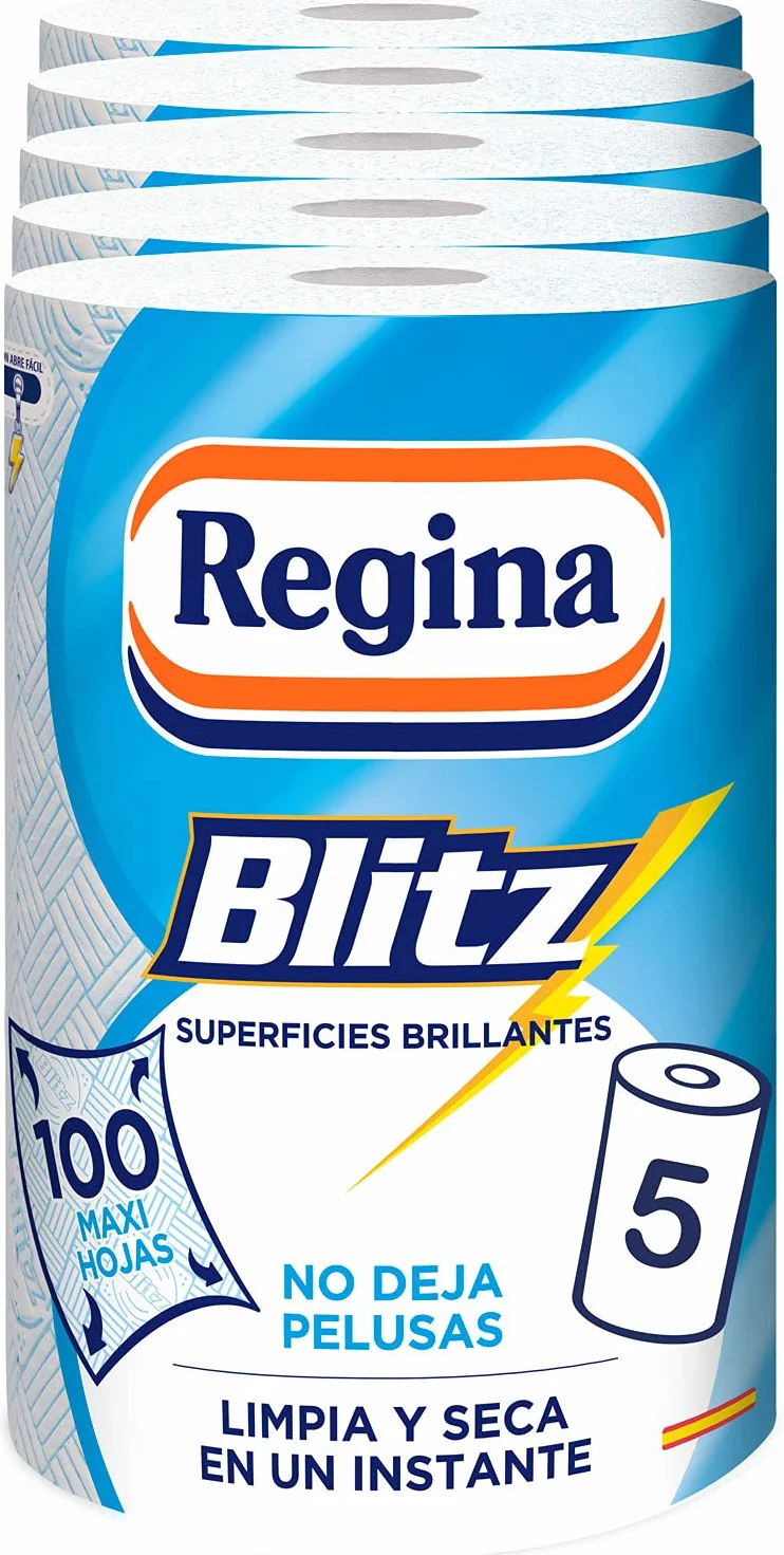 Regina Blitz - Carta da cucina | 5 rotoli | 100 fogli a 3 strati | Ideale per la pulizia delle superfici domestiche | senza pelucchi | Imballaggio in carta riciclabile | Carta 100% certificata FSC