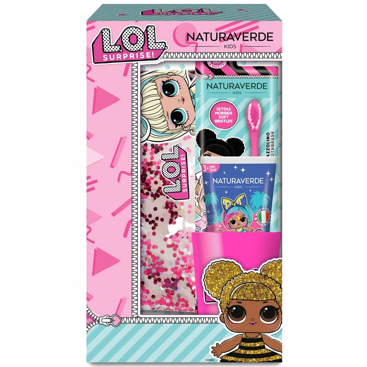 Naturaverde | Kids - Oral Care Set, Spazzolino da Denti Manuale con Setole Morbide, Dentifricio alla Fragola da 75ml, Bicchierino e Pochette Glitter