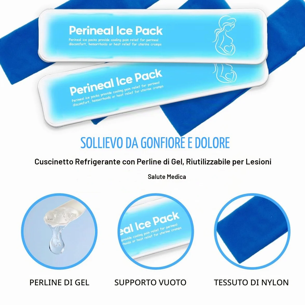 Impacchi di ghiaccio perineali riutilizzabili, emorroidi postpartum, cura del recupero del parto, 2 cuscinetti in gel + 3 maniche lavabili (blu)