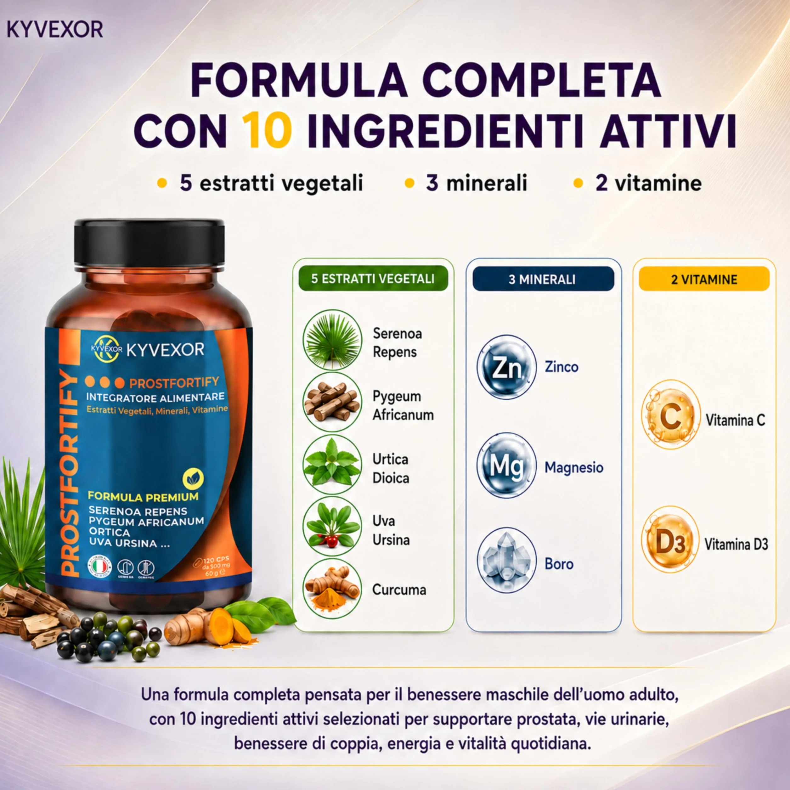 KYVEXOR ProstFortify Integratore Prostata Uomo 10 in 1 Serenoa Repens Saw Palmetto Pygeum Africanum Curcuma Zinco Vitamina C D3 Prostate Support Benessere Prostatico Vie Urinarie