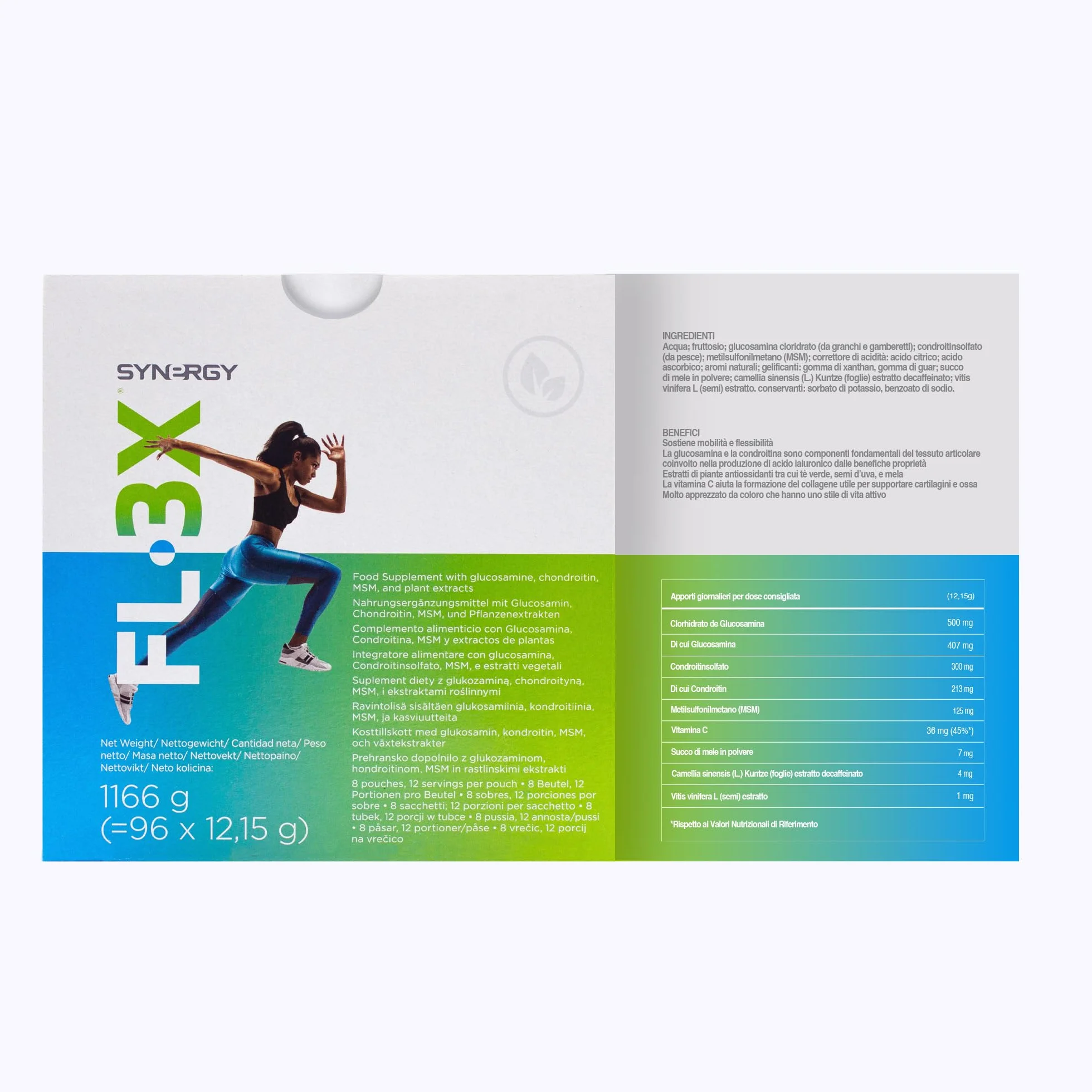 Synergy WorldWide FL-3X | Integratore sportivo con 500 mg di glucosamina, 300 mh di condroitina e 125 mg di MSM | Salute della mobilità articolare | Senza glutine | 8 bustine | 96 dosi per confezione