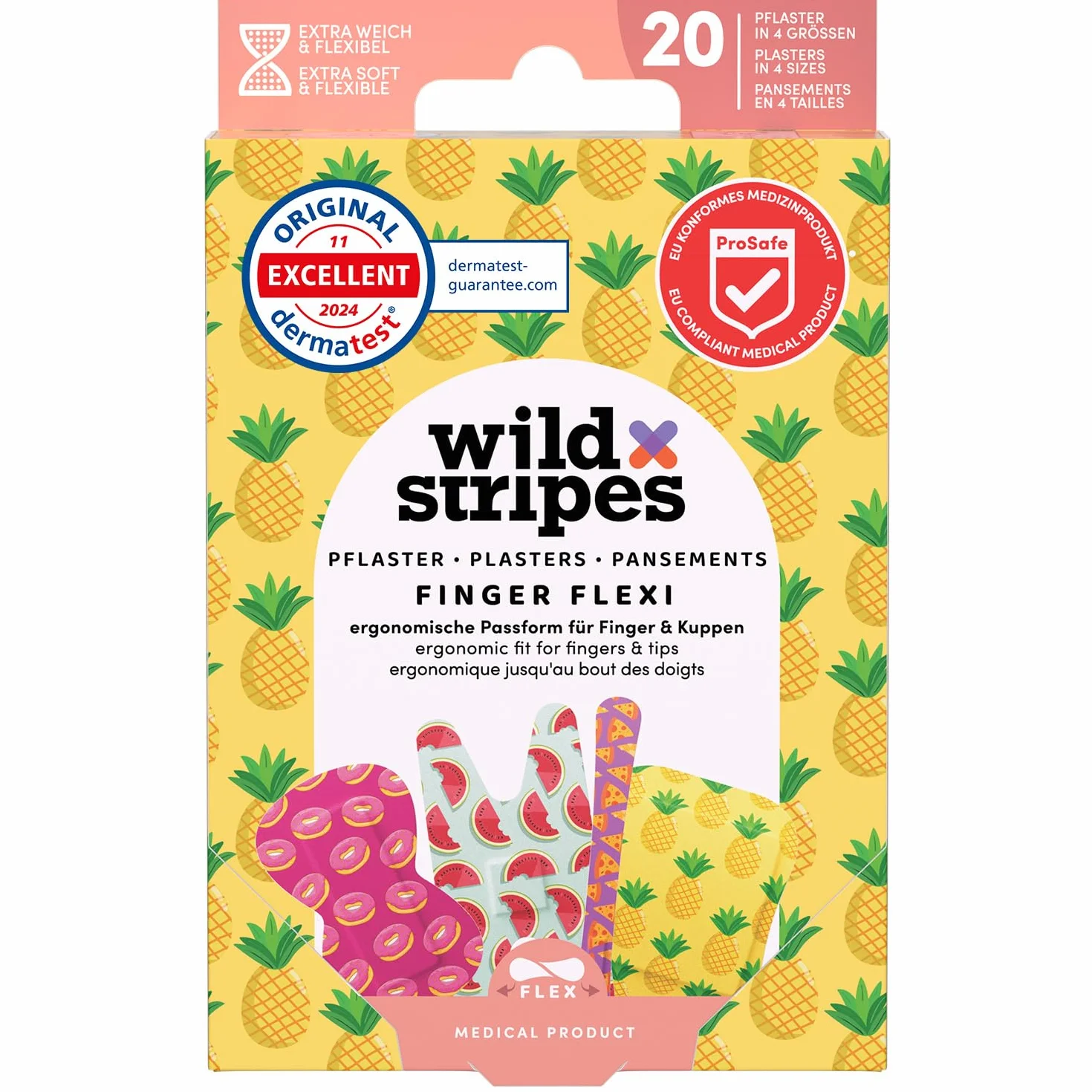 Wild Stripes Set di Cerotti Impermeabili I Finger Flexi Food I Delicati Sulla Pelle I Forma Ergonomica I Protezione 24 Ore I Resistenti All'Acqua per Doccia I 20 Unità