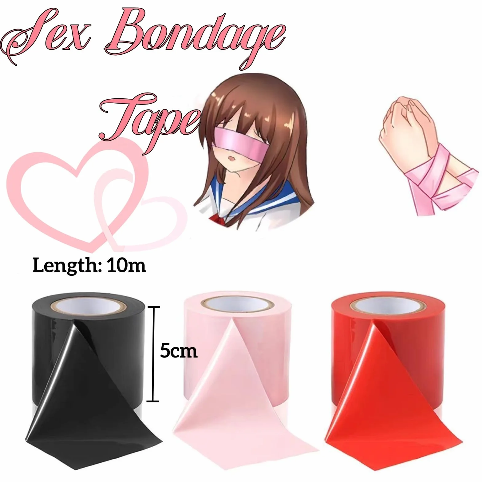 3 Pezzi Corde Bondage Versatili, Set Nastri Bondage, Nastro Adesivo, 5 cm di Larghezza, 10 m di Lunghezza, Non Adesivo, Antitraccia e Traspirante, per Giochi di Ruolo, Rosa, Rosso, Nero