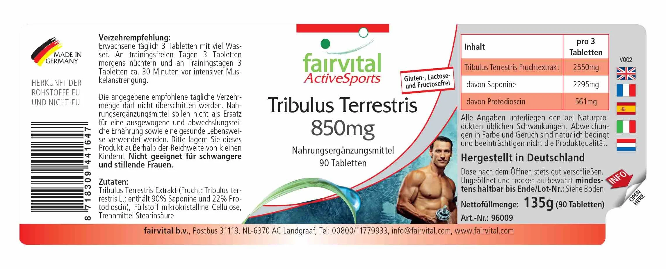 Fairvital Tribulus Terrestris 850 mg 90 compresse ALTO DOSAGGIO 90% saponine 22% protodioscina VEGANO