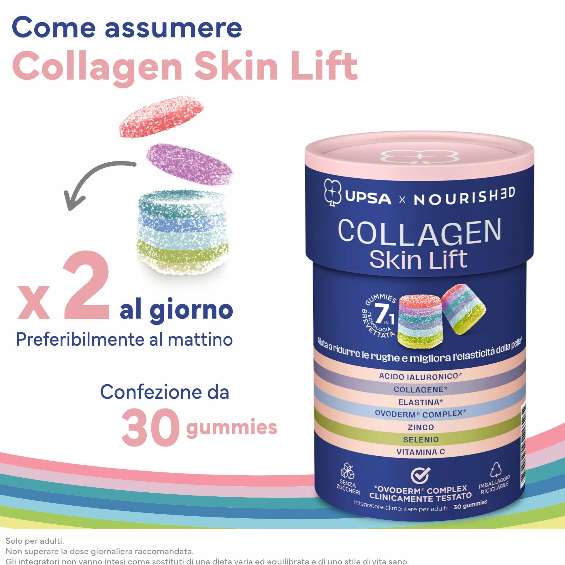 UPSA x Nourished Collagene Skin Lift 30 Gummies Integratore Alimentare con Acido Ialuronico ed Elastina