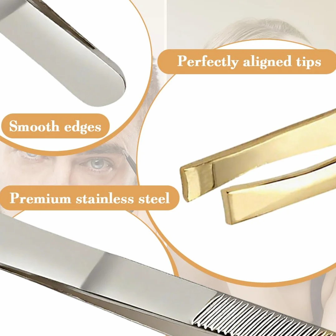 Pinzetta Sopracciglia, Set Di 3 Pezzi In Acciaio Inox, Semi-Dorato, Lunghezza 9 Cm, Pinzette Professionali Per Allungare Ciglia, Rimozione Peli Viso, Cura Sopracciglia E Barba