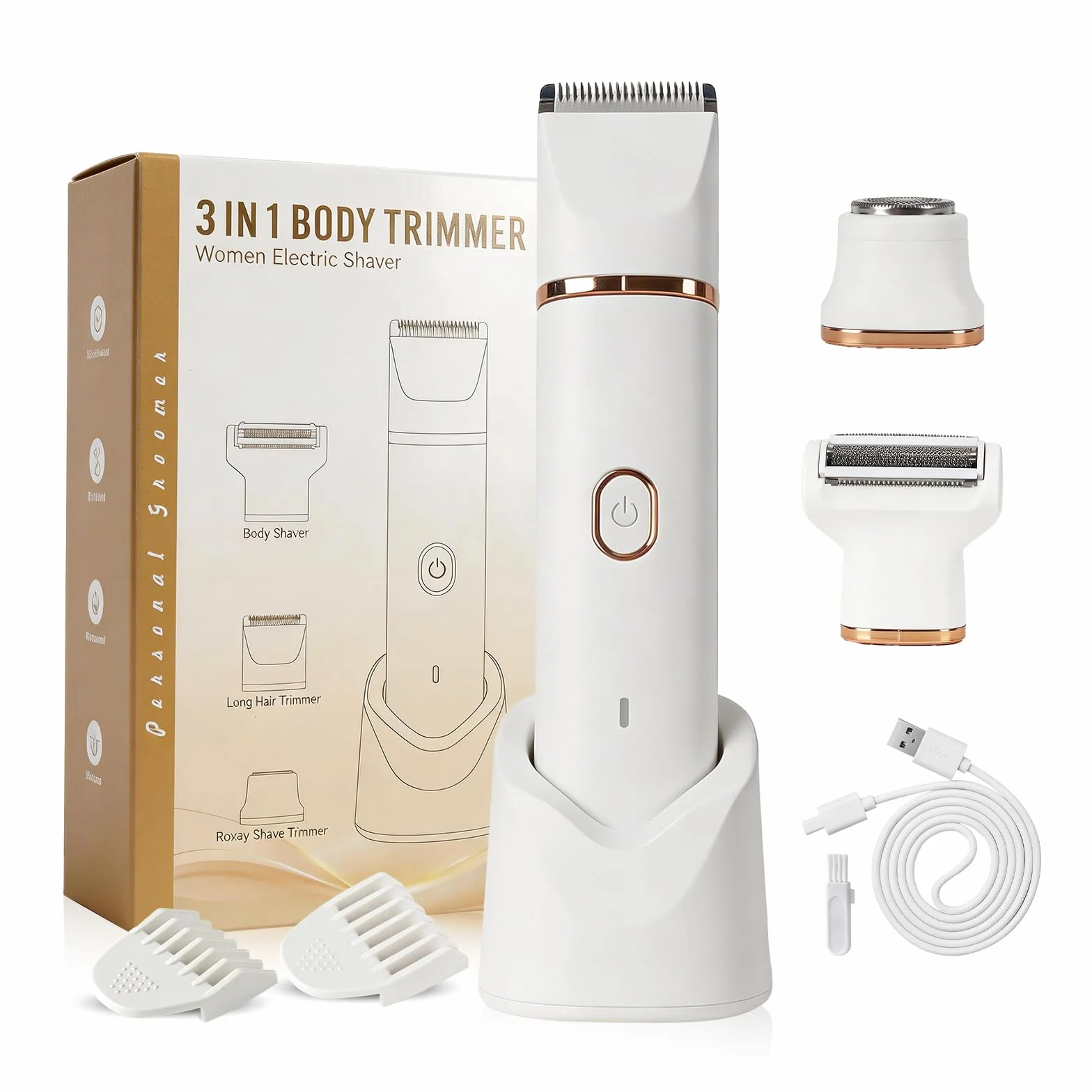 Rasoio da donna, 3 in 1, per donne, rimozione peli del viso, ricaricabile con stazione di ricarica USB, rasoio elettrico da donna, per gambe, braccia e viso, impermeabile IPX7