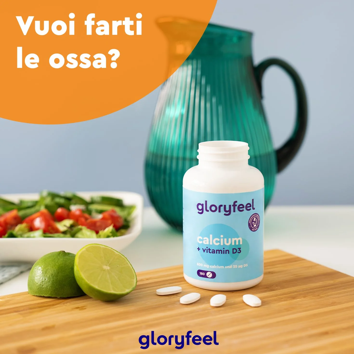 Integratore Calcio e Vitamina D3, 180 Compresse, Eletto PRODOTTO DELL'ANNO 2025, (Scorta per 3 Mesi), Calcio 800 mg e Vitamina D3 25µg, Integratore per il Supporto delle Ossa*, Senza OGM